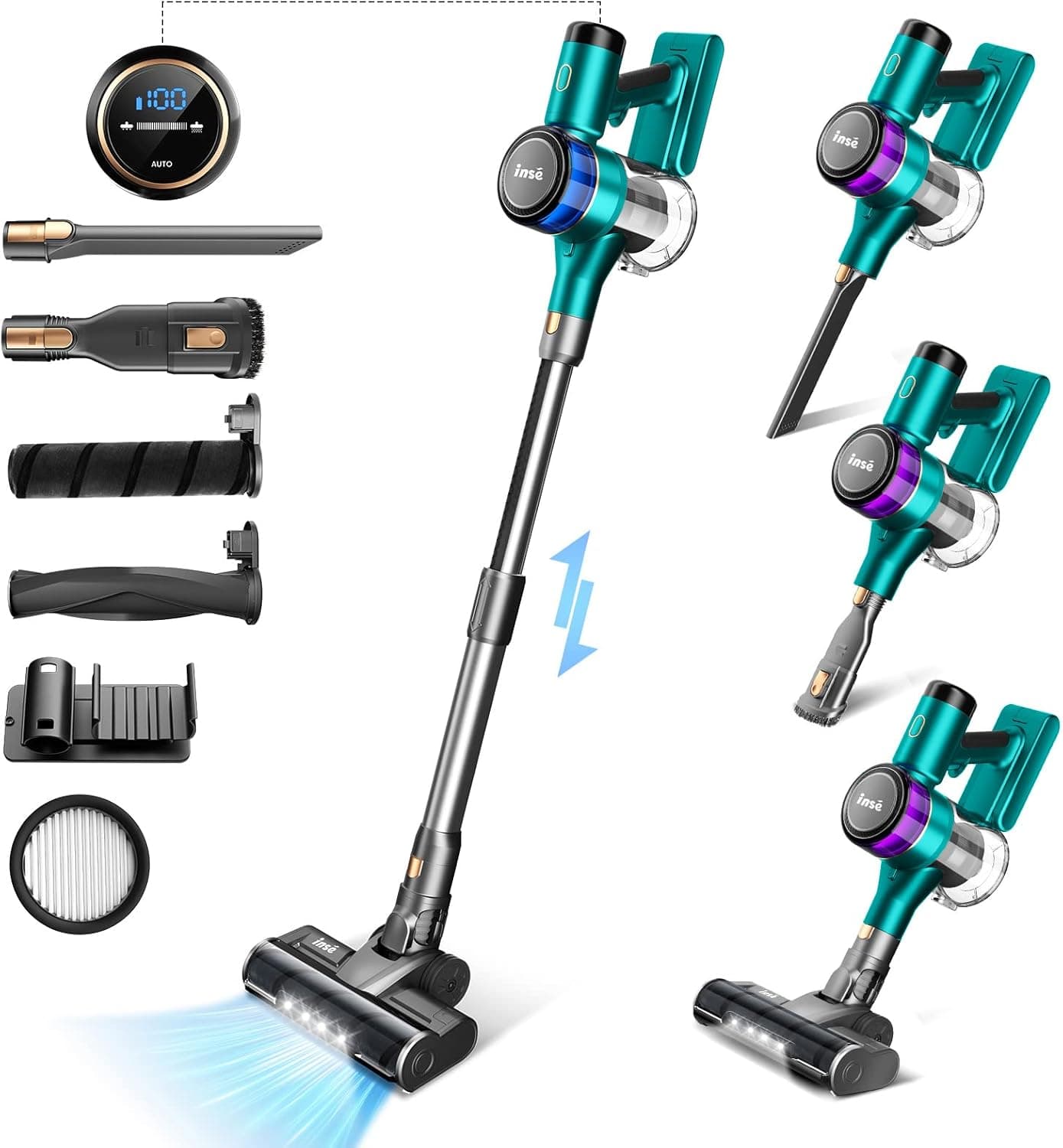 INSE Cordless Vacuum Cleaner, 400W Stick Vacuum with 30Kpa Powerful Suction, 55min Runtime, Smart Induction Auto-Adjustment, Rechargeable Cordless Vacuum for Carpet and Floor Pet Hair, LED Display-S9