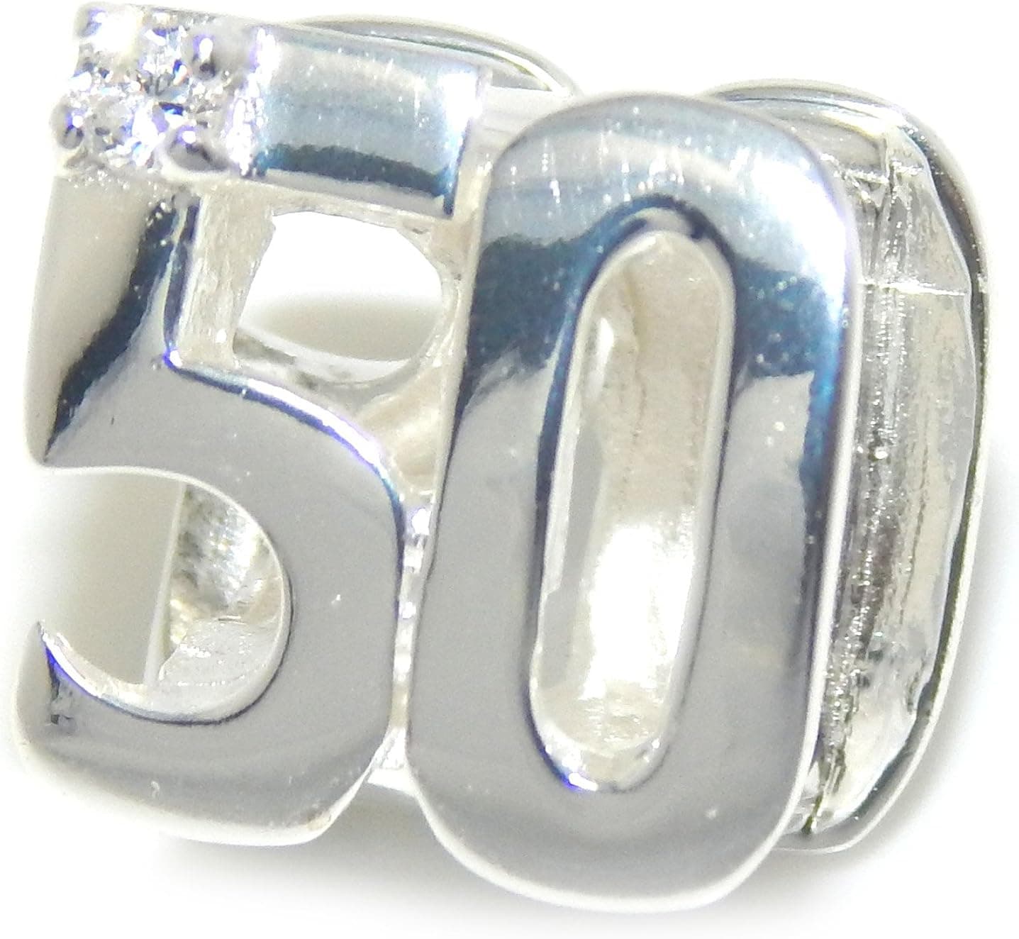925 Sterling Silver Two Sided Number 50 with Clear Crystal Charm Bead