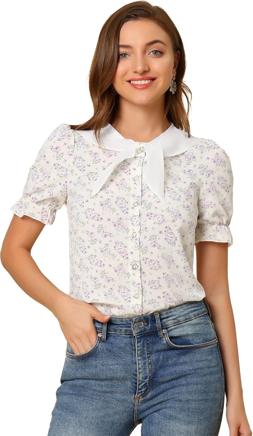 Allegra K Floral Blouse for Women's Bow Tie Neck Puff Short Sleeve Vintage Ruffle Top