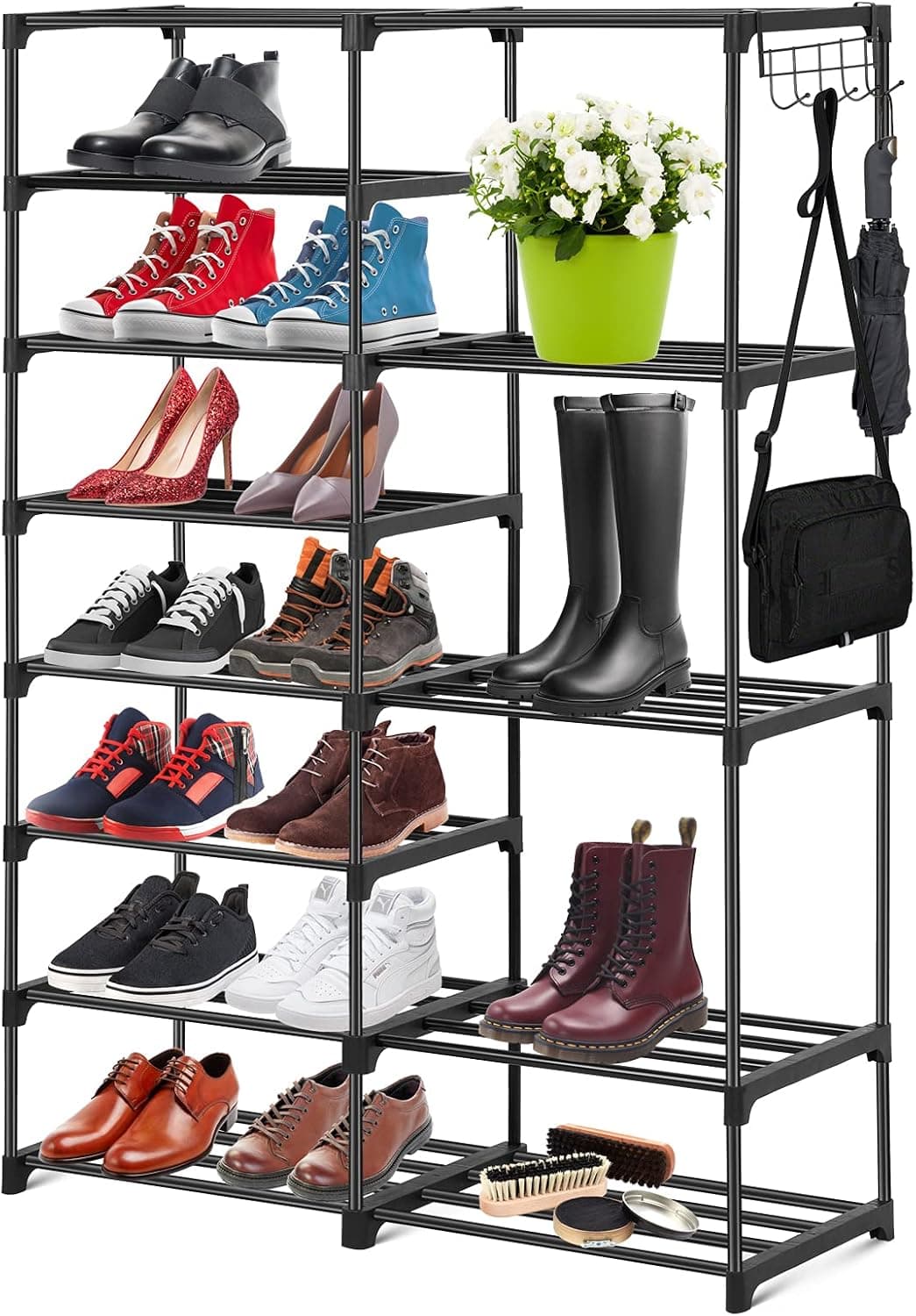 Taoisa 7 Tier Adjustable Shoe Shelf Storage Stackable Shoe Rack Organiser Multilayer Shoe Stand Storage Organiser Rack Hollow Shoe Tower Shelf Organizer with Removable Hook for Umbrella,Bag