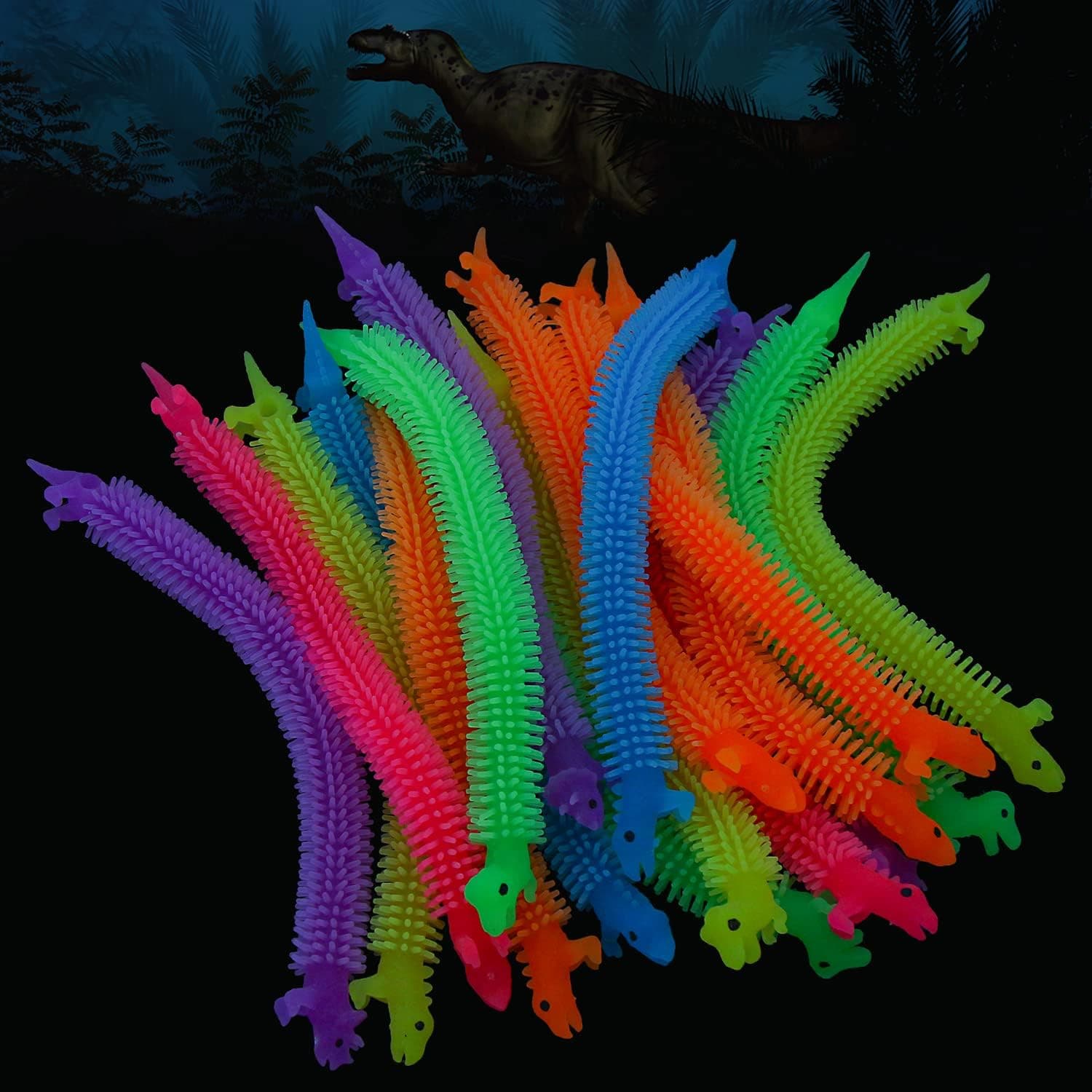 FINGOOO 18 Pack Dinosaur Textured Monkey Noodles,Glow In the Dark Stretchy Strings Fidget Toys for Kids Adult Stress Relief Dino Party Favor Goodie Bag Stuffers