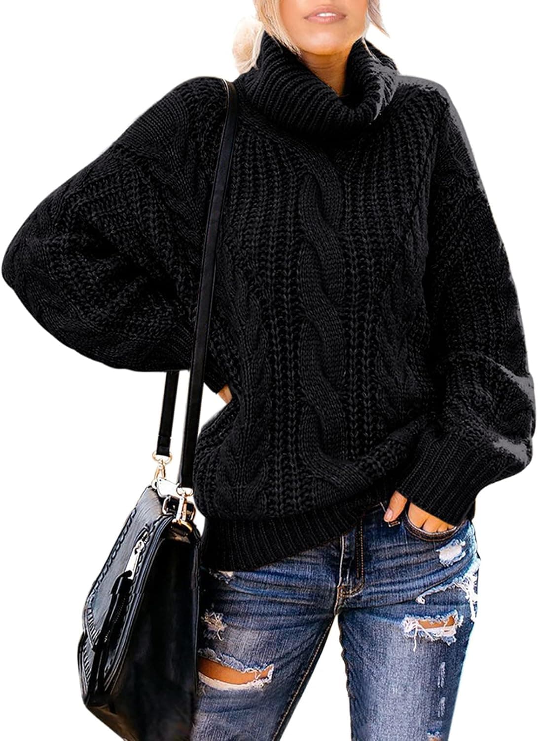 Chase Secret Womens Turtle Cowl Neck Solid Color Soft Comfy Cable Knit Pullover Sweaters S-2XL