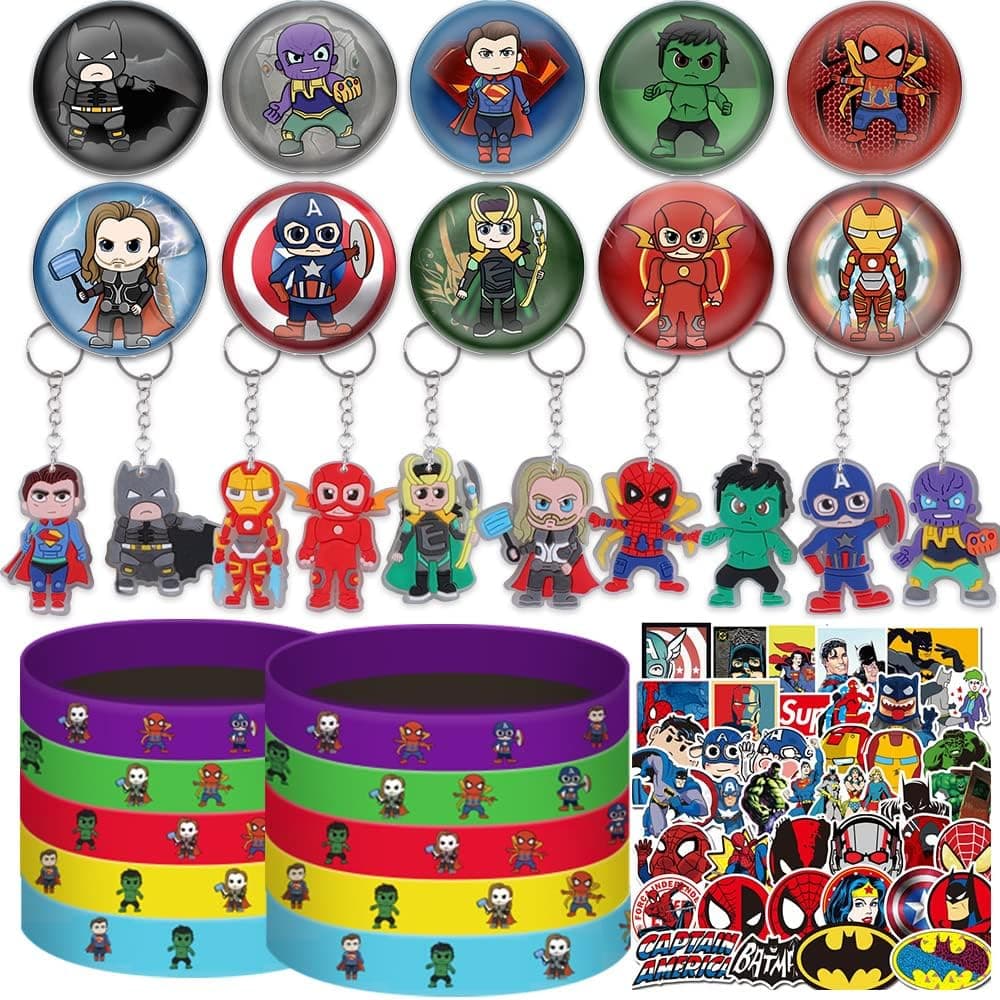 80pcs Superhero Birthday Party Favors Supplies Set Include 10 Button Pins,10 Key Chains,10 Silicone Bracelets 50 Stickers