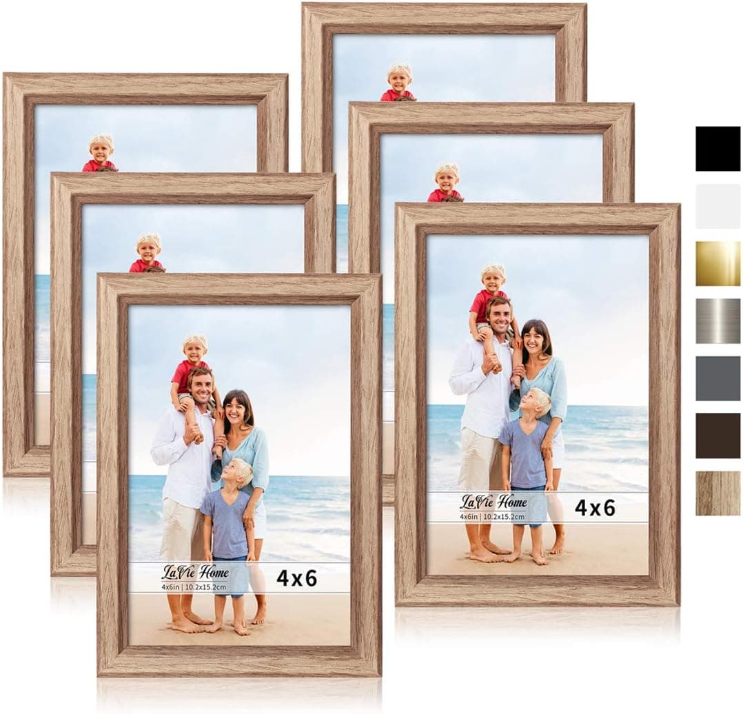 LaVie Home 4x6 Picture Frames (6 Pack, Weathered oak stain finifsh) Simple Designed Photo Frame with High Definition Glass for Wall Mount & Table Top Display, Set of 6 Classic Collection