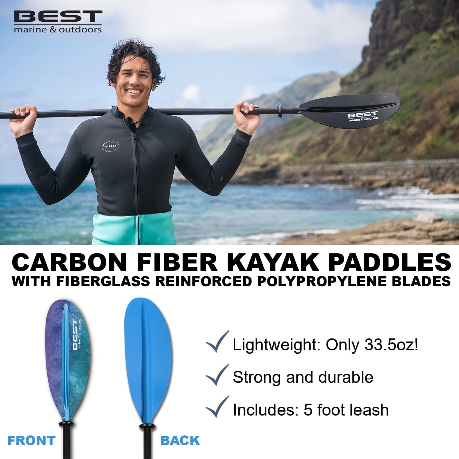Best Marine Kayak Paddle | Carbon Fiber Shaft & Fiberglass Reinforced Polypropylene Blades | 220cm, 234cm, 250cm | Lightweight Kayak Paddles for Adults | Kayak Oars & Accessories