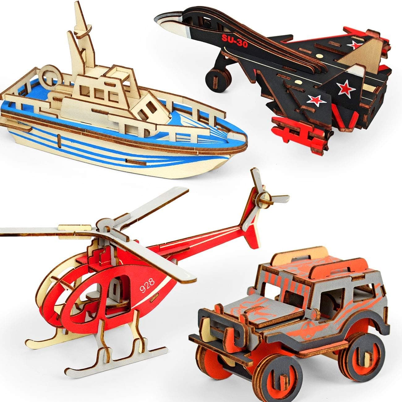 3D Wooden Puzzles for Kids Ages 8-10 Years Old, 4-Pcak DIY Craft Kits for Boys- Helicopter, Fighter, Lifeboat, Jeep, Individually Wrapped Great Gifts for Kids 6 7 8 9 10 11 12 Years Old