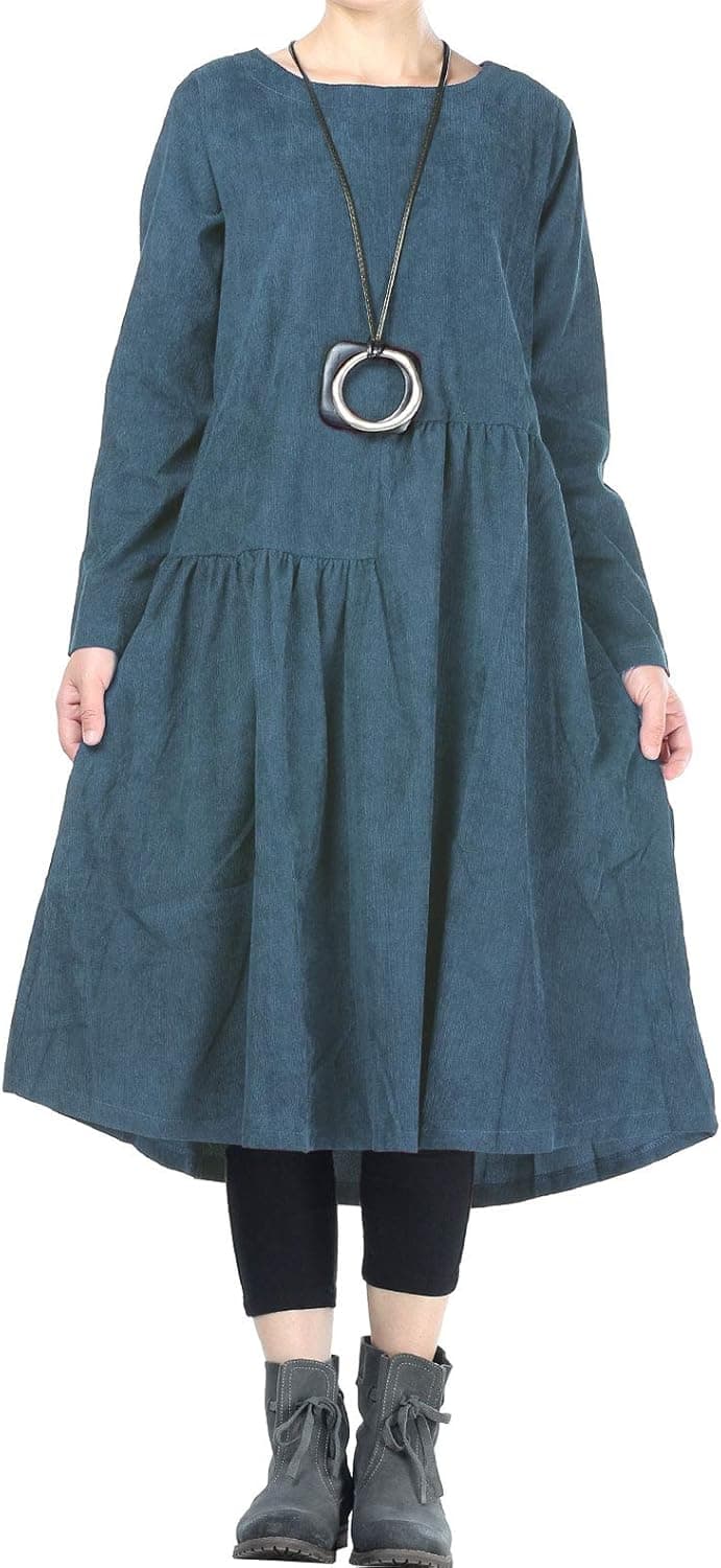 Mordenmiss Women’s Corduroy Pleated Dresses Swing Long Sleeve Dress with Pockets
