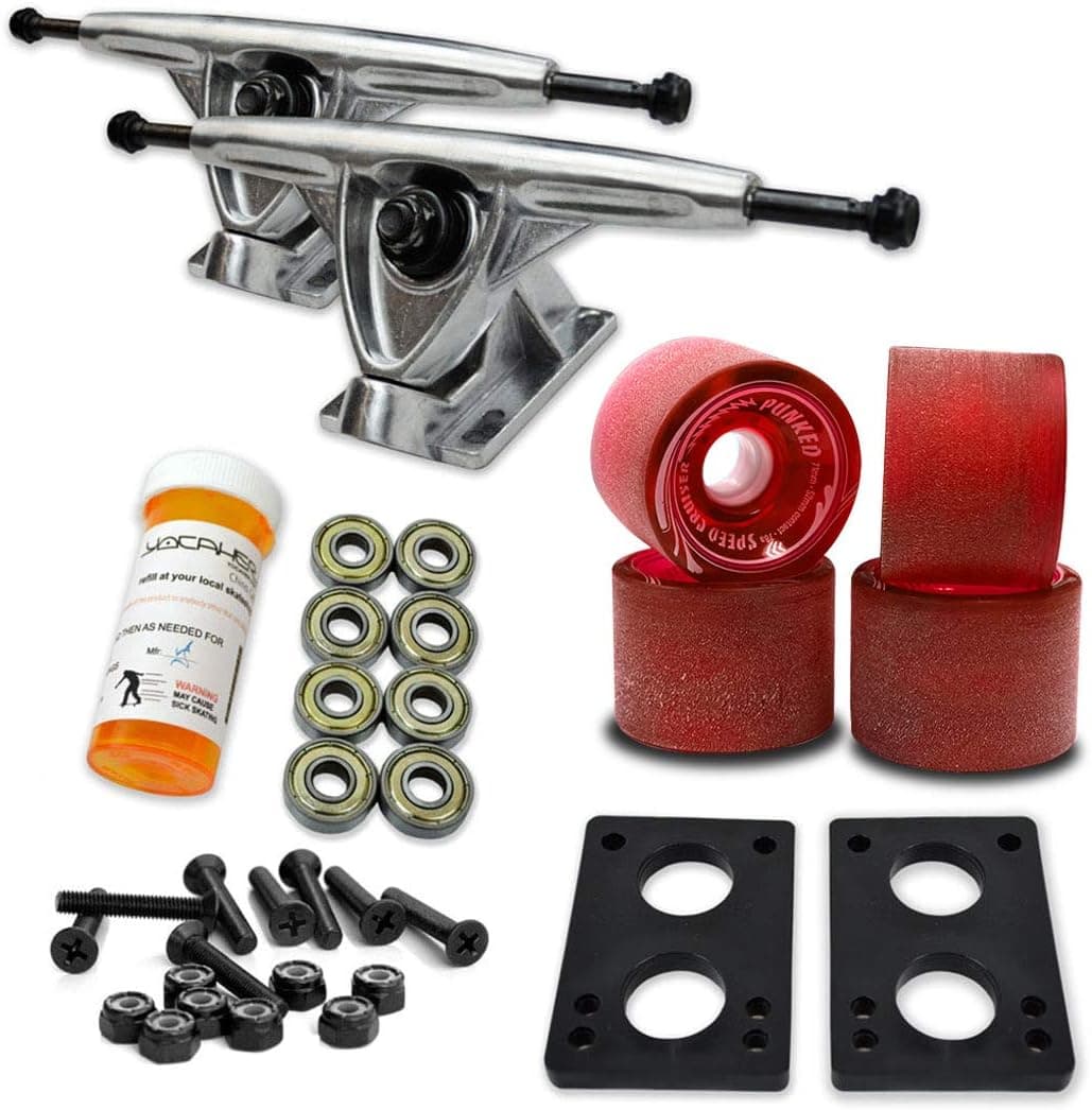 Yocaher Longboard Skateboard Trucks Wheels Combo Set 71mm Wheels + 7"/180mm Heavy Duty Aluminum Polished Trucks, Bearing, Riser Pad, and Skateboard Longboard Cruiser Hardware