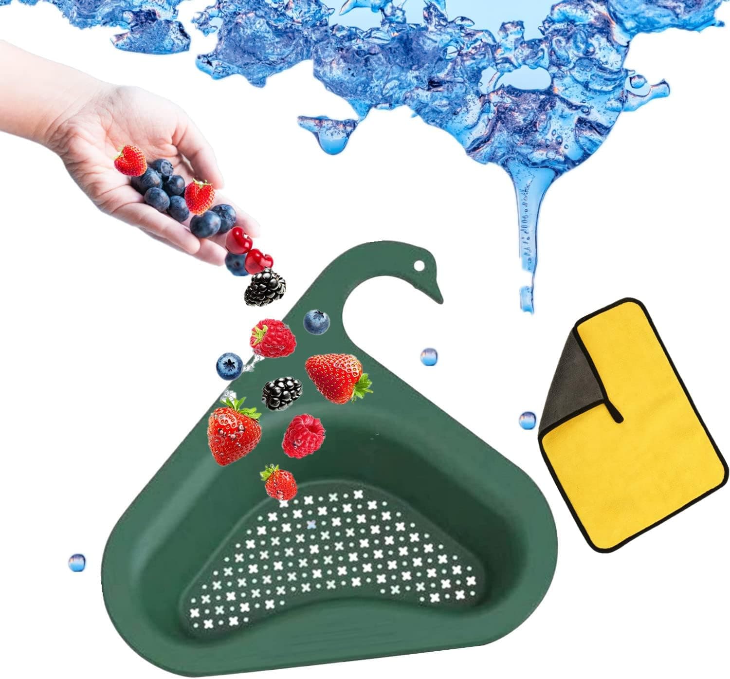 Kitchen Sink Drain Basket Swan Drain Rack with a Dish Towel, Triangle Sink Drain Rack Corner Kitchen Sink Strainer Basket, Multifunctional Kitchen Triangle Sink Filter (1 Pc,Green)