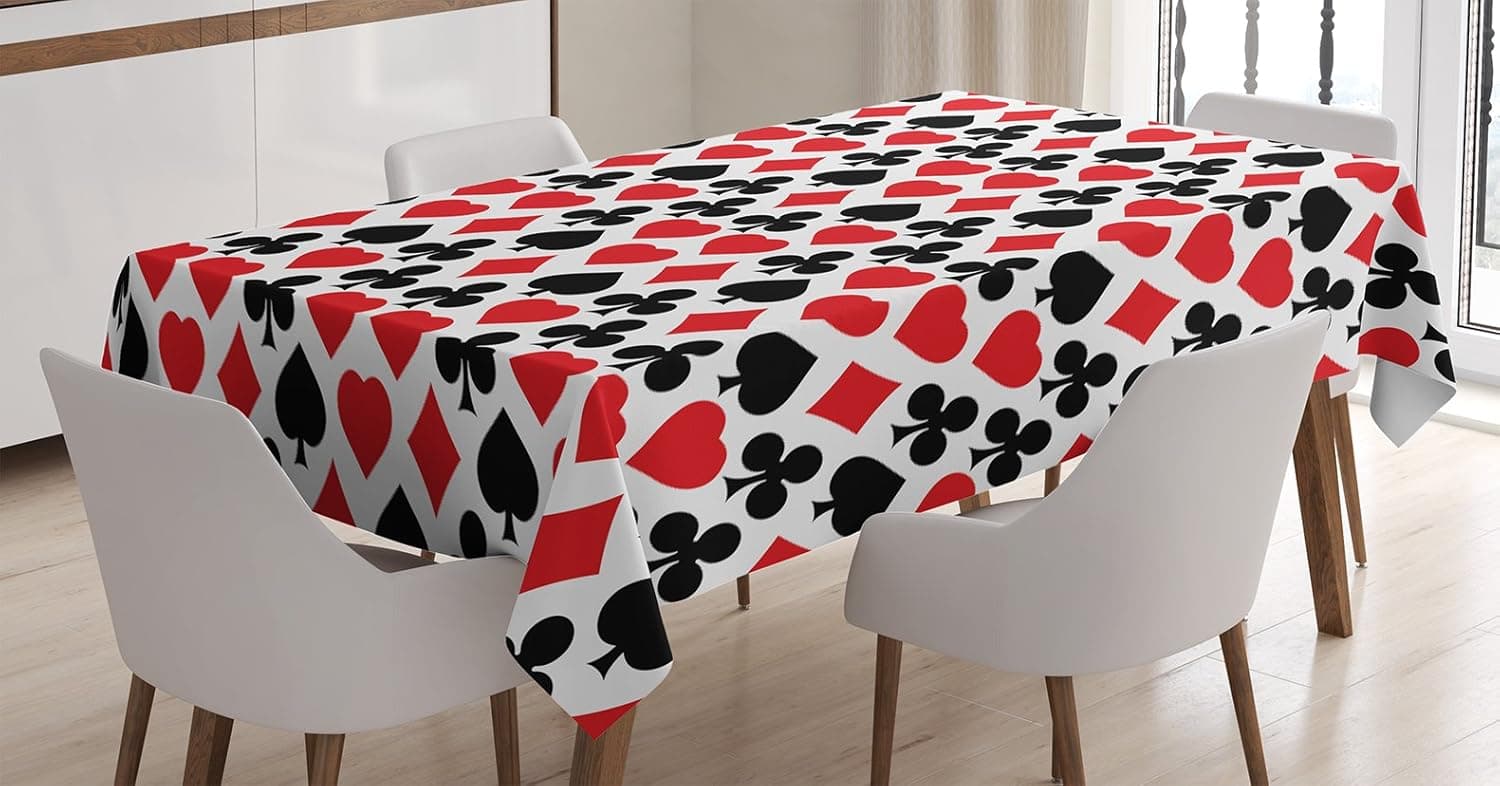 Ambesonne Casino Tablecloth, Card Suits Pattern with Clubs Diamond Shapes Hearts Spades Poker Gamble Theme, Dining Room Kitchen Rectangular Table Cover, 60" X 84", Vermilion Black