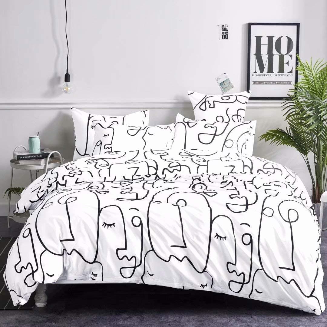 Kuccy 3-Pieces 100% Cotton Abstract Face Print Brushed Duvet Cover Set Queen Size,Soft Microfiber Morden Style Cozy Bedding Set White(NOT have Comforter))