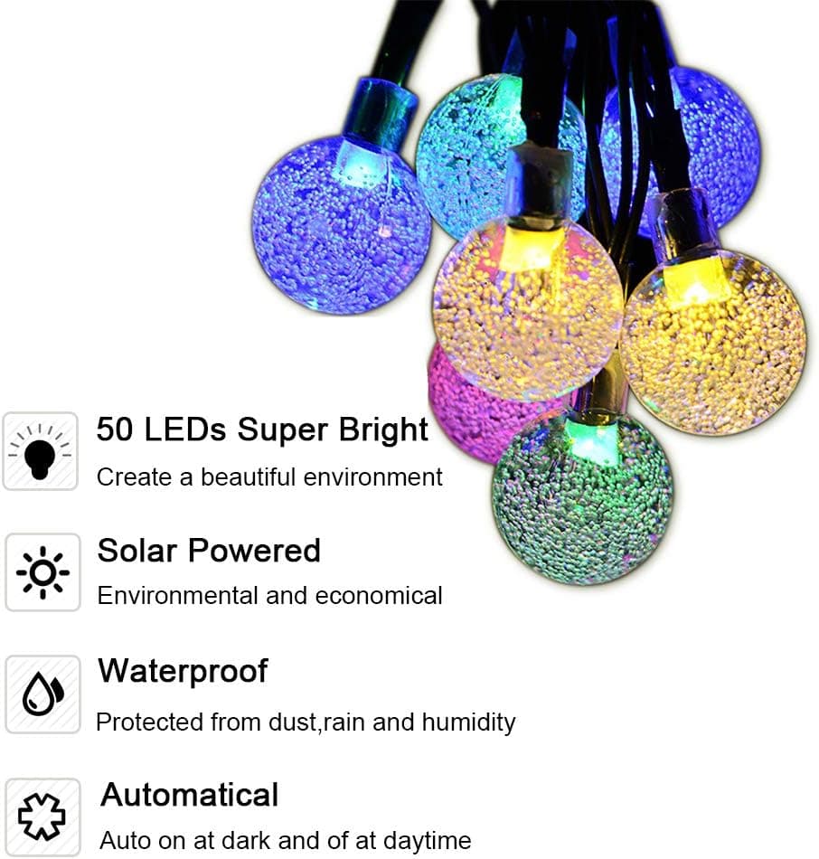 WOWLUX 23ft 50 LED Solar Outdoor Crystal Ball Lights, Solar Powered Christmas Lights Waterproof Decorative Lights with 8 Modes for Valentine's Day Gift, Wedding, Garden, Home Decorative(Multi-Color)