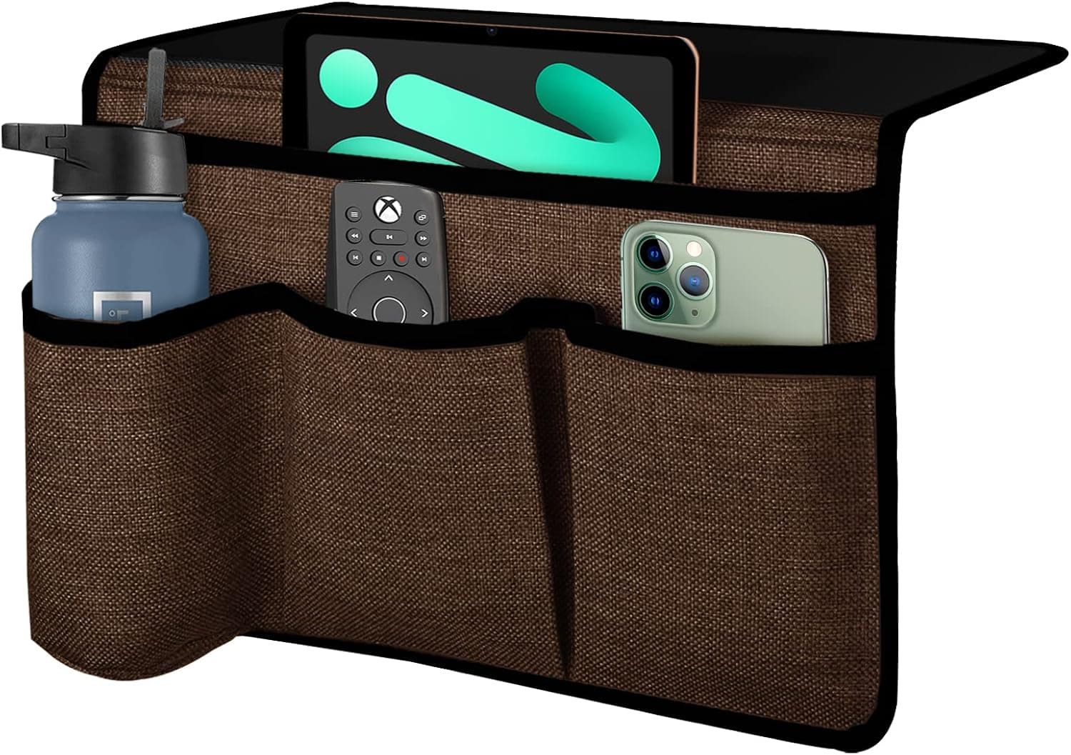 SPWIY 4 Pockets Bedside Caddy/Bedside Organizer, Romote Control Holder Bed Storage for Tablet, Phone, Glasses, iPad, Insert Mattress & Couch, Brown