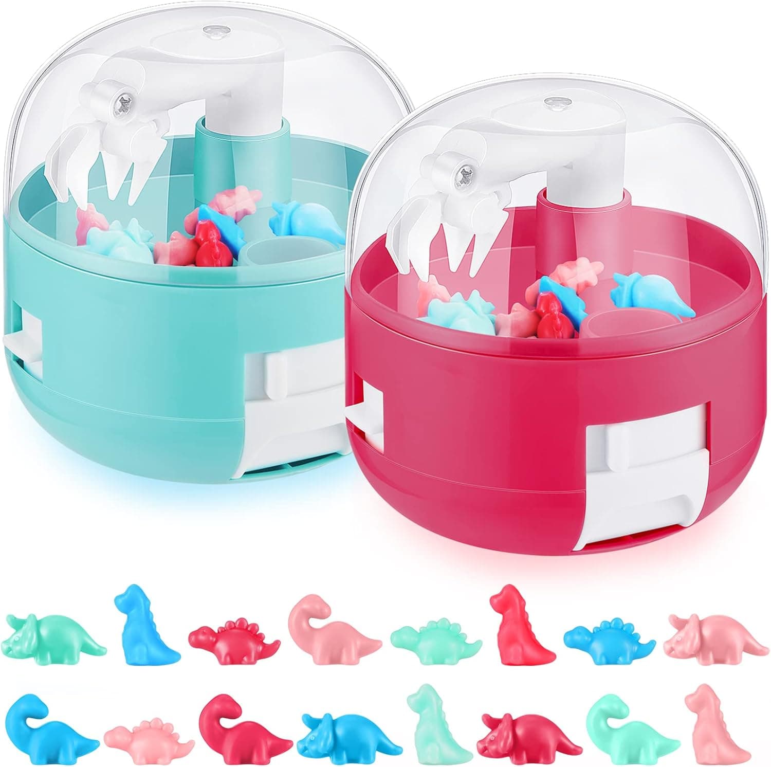 DEEKIN 2 Sets of Mini Claw Machine for Kids with Dinosaur Mini Stuff Toy Small Pill Claw Machine Dinosaur Theme Birthday Gifts (Red, Green)