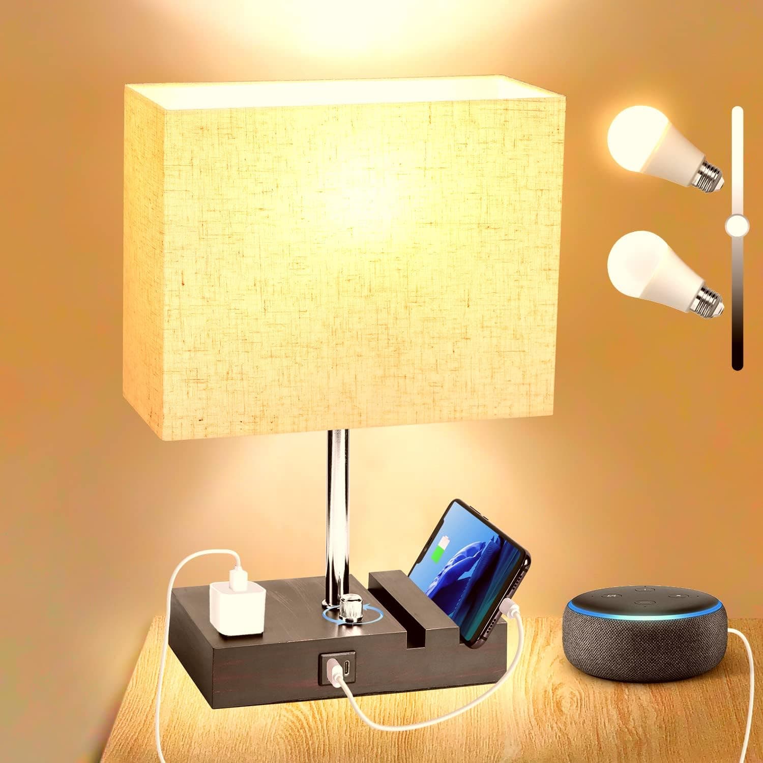Fully Dimmable Table Lamp for Bedroom, Bedside Lamp with Charging USB Port and Outlet , Wooden Small Nightstand Lamp for Living Room, Modern End Table Lamps with Phone Stands( LED Bulb Included)