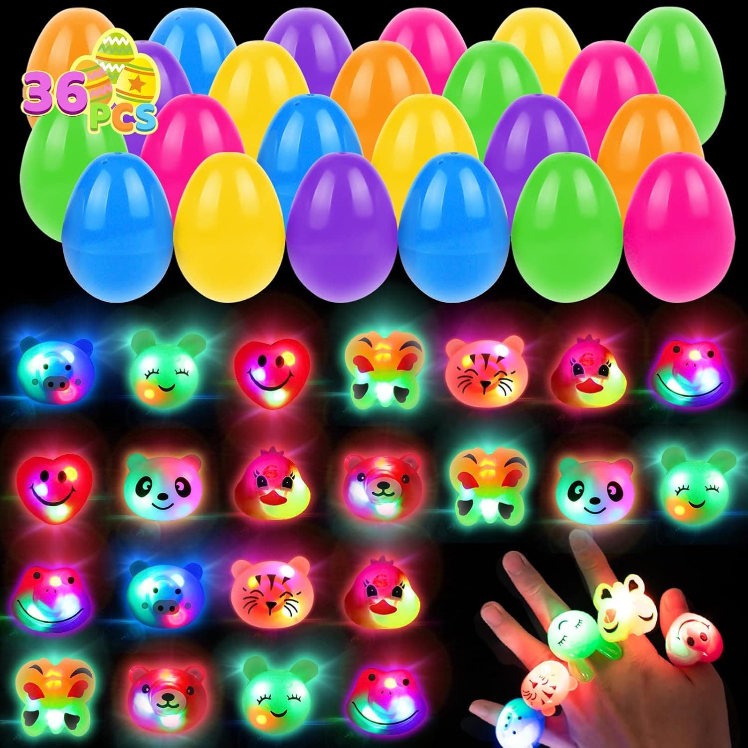 CL FUN 72PCS Easter Eggs Filled with Toys, 36 Eggs Filled with 36 Led Light Up Rings, Glow in The Dark Easter Eggs for Kids, Easter Basket Stuffers for Toddler Boys Girls, Easter Eggs Party Favor Hunt