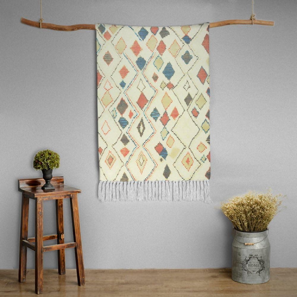 Seavish Cotton Printed Rug, Decorative Rainbow Diamond Kilim Rug Hand Woven Rag Rug Entryway Thin Throw Mat for Laundry Room Living Room Dorm, 2x3