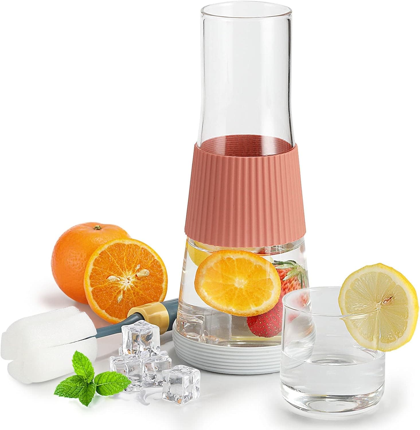 LYSTAR Glass Water Bottles, Bedside Water Carafe and Glass Set,Transparent Glass Cups Are Also Lids. Silicone Coasters, Mouthwash Dispenser for Bathroom, Heat Cold Resistance Juice Glass (30oz/850ml)