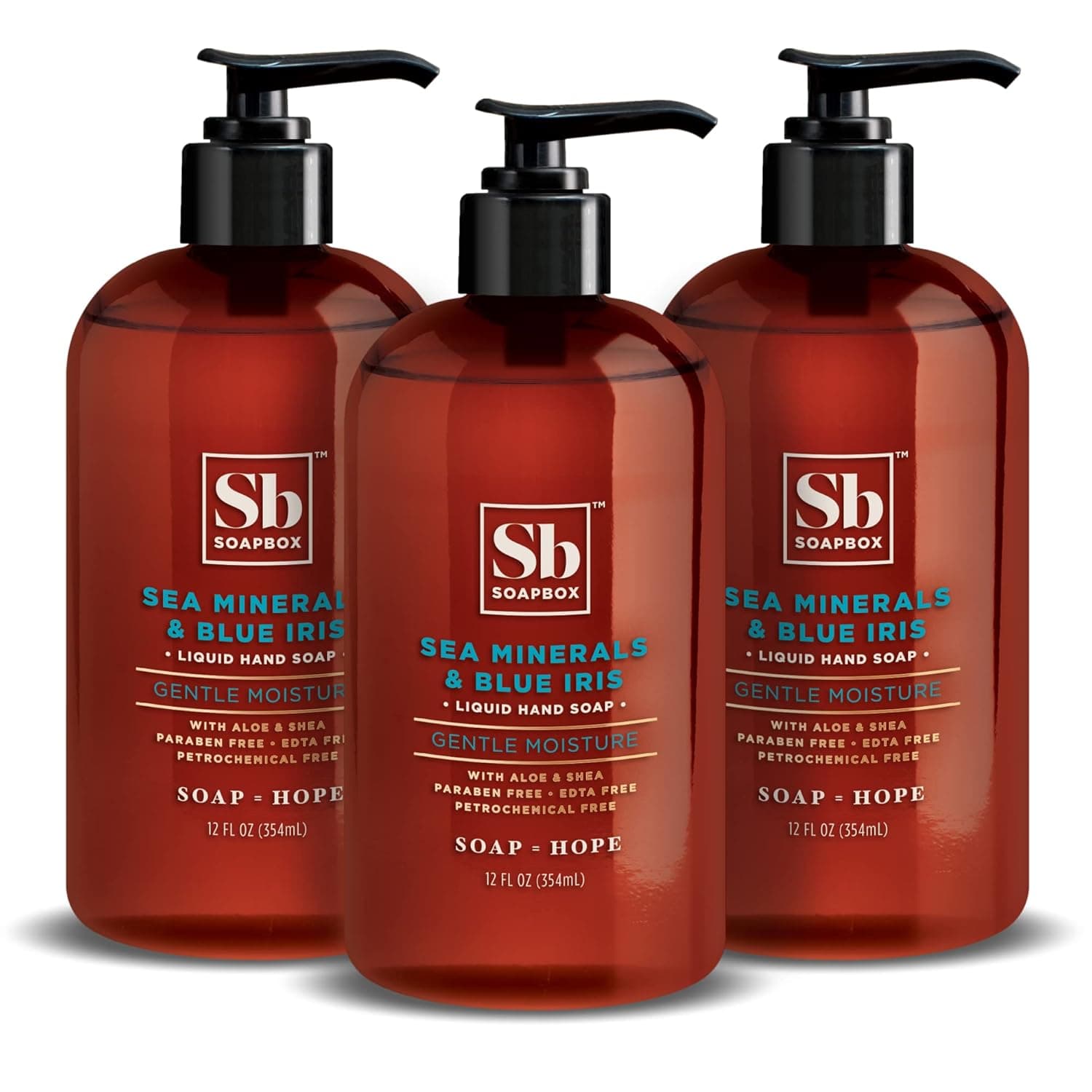 Soapbox Liquid Hand Soap, Sea Minerals & Blue Iris - Gentle, Moisturizing Hand Cleanser, Vegan, Cruelty Free Hand Soap for Bathroom and Kitchen, 12oz Pump Bottles (Pack of 3)