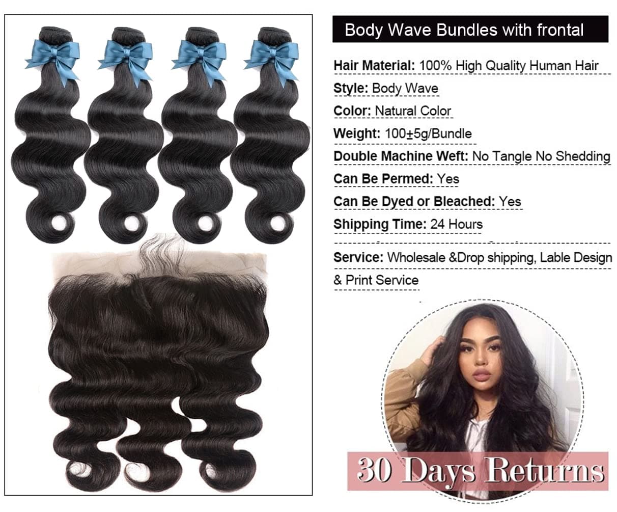 Bundles with Frontal Brazilian Body Wave Human Hair Bundles with 13 * 4 Free Part Ear to Ear Lace Frontal 100% Unprocessed Brazilian Virgin Human Hair (16 18 20 22+14,Natural Black)