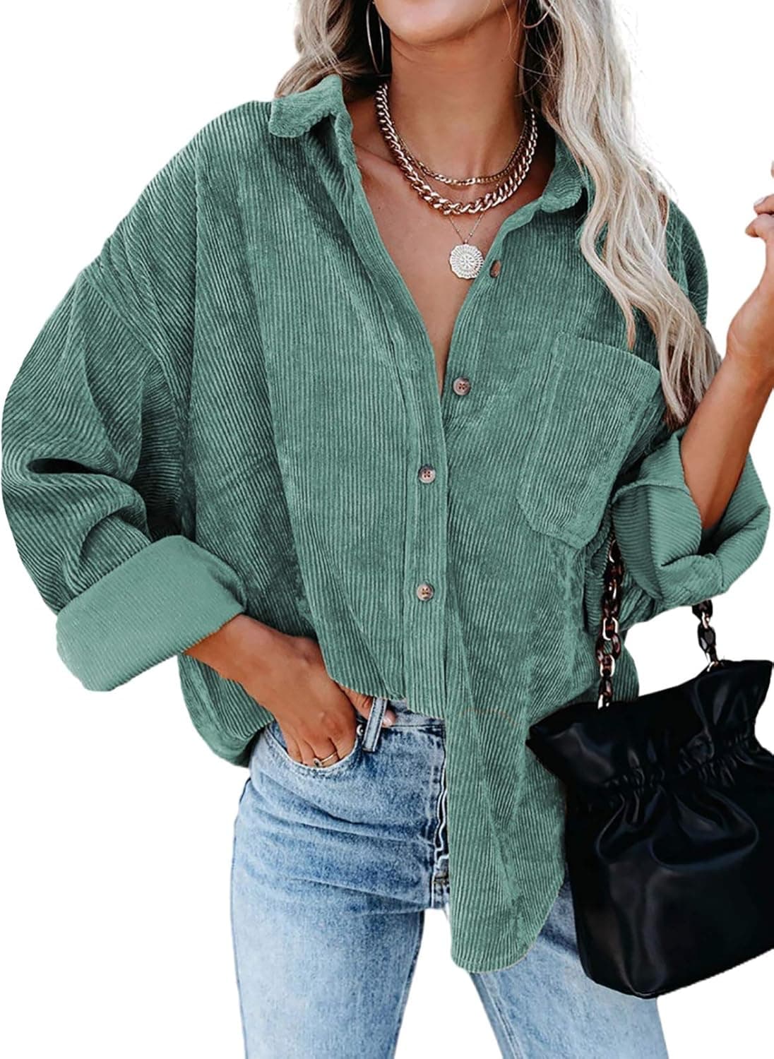 Actloe Womens Corduroy Shirts Long Sleeve Button Down Blouses Top Oversized Jacket with Pockets
