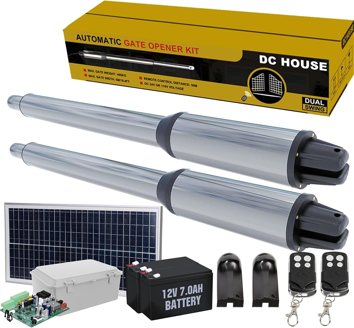 DC HOUSE Heavy Duty Automatic Solar Gate Opener Kit Batteries Included Dual Swing Gate Openers for Home Security/Farm/Garage/Business,Up to 16.4 Feet or 850 Pounds (Shipped in 3 Package)