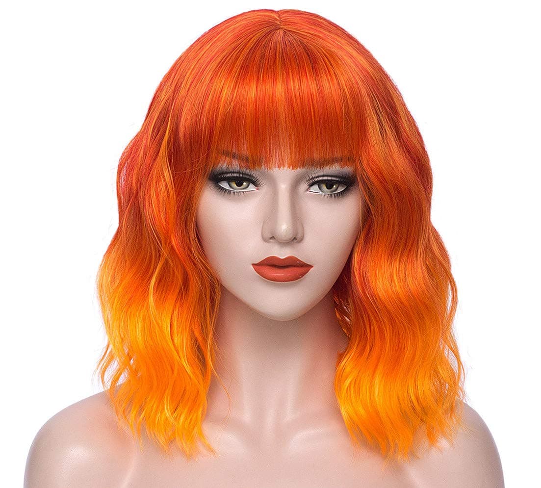 Mersi Orange Wigs for Women Costume 13'' Short Curly Wavy Bob Hair Wig with Bangs Cute Wigs for Party Halloween S046OR