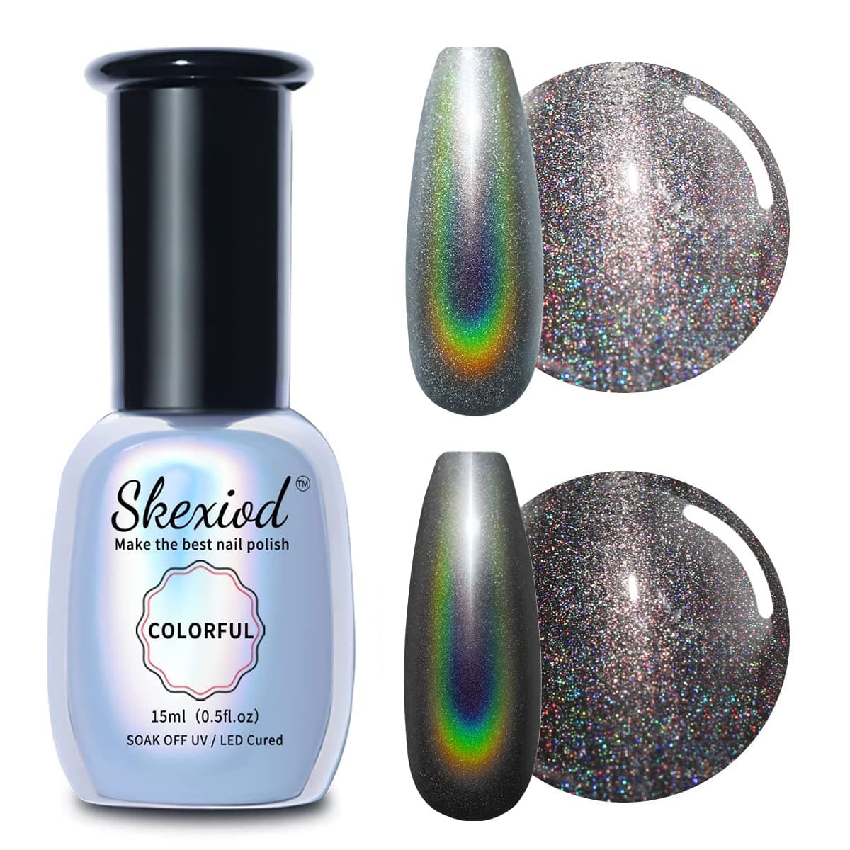 Skexiod Holo Gel Polish, 15ml Holographic Gel Nail Polish Black Glitter Gel Soak Off UV Lamp Curing Needs Nail Art Manicure Salon DIY at Home