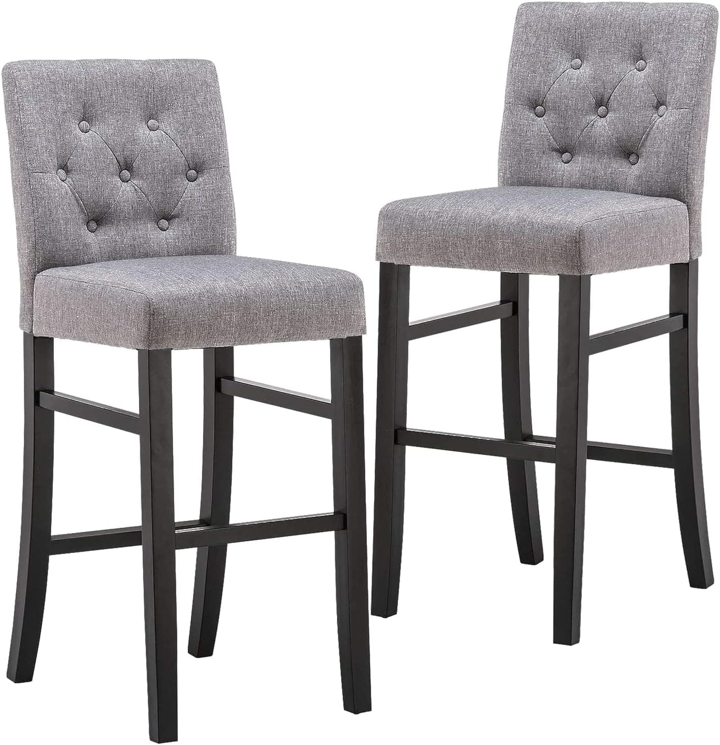 YEEFY Counter Height Bar Stools Set of 2, 30" Button-Tufted Fabric Rubber Wood Barstools with Back Dining High Bar Height Side Chairs (Gray)