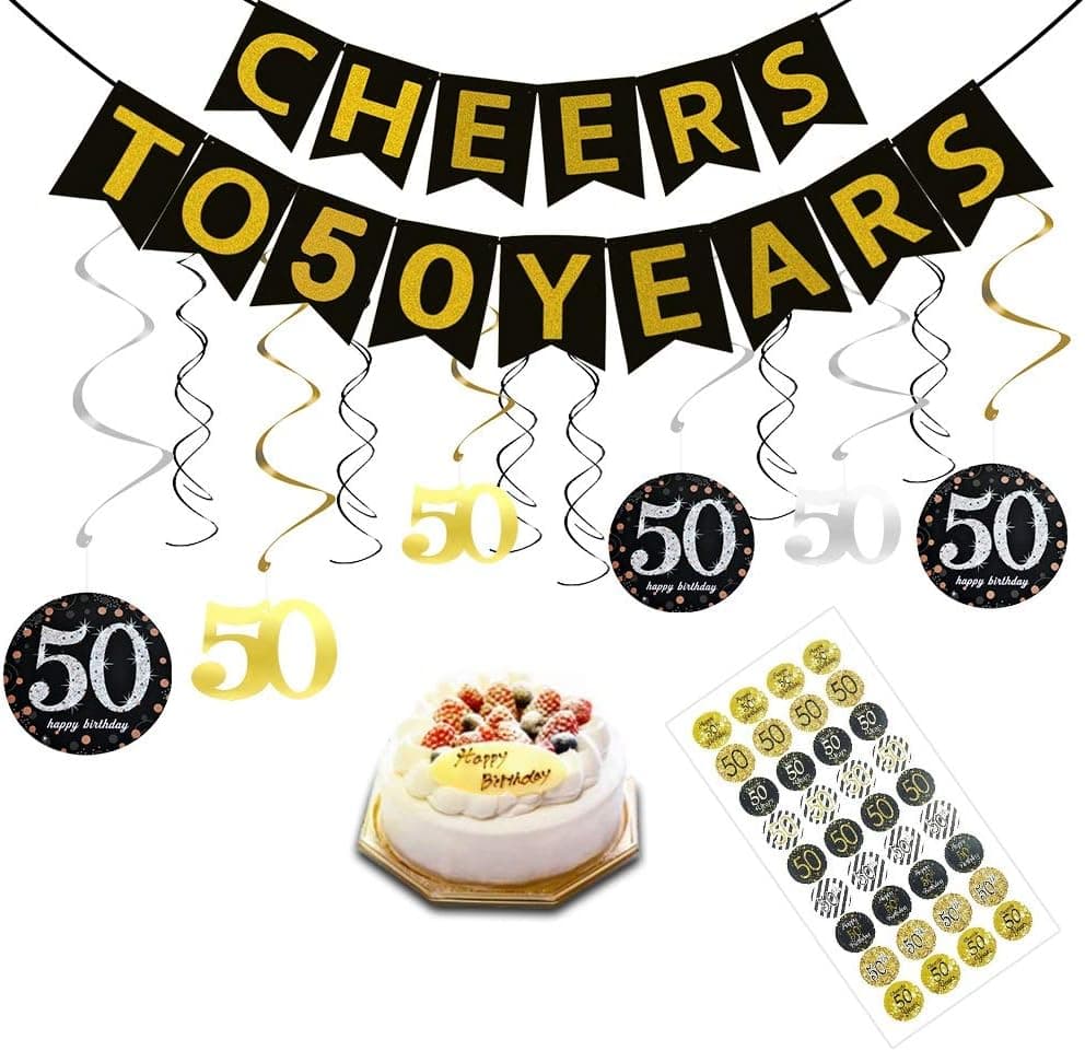 50th Birthday Party Decorations Kit for Men Women, Gold Glittery Cheers to 50 Years Banner 12 Pcs Hanging Swirls, 36 Pcs 50th birthday stickers, 50th Years Old Party Supplies Anniversary Decorations