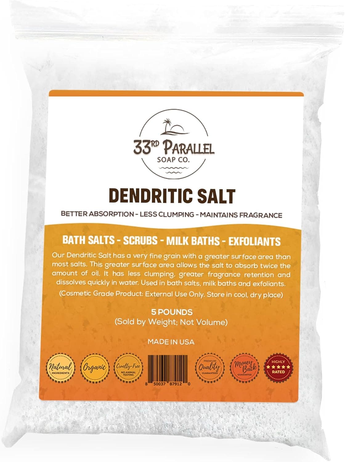 DENDRITIC Salt | Premium Fine Grain for Bath Salts, Scrubs, Exfoliants, Milk Baths & More | Sizes 1 to 5 LBS | (5 Pound)