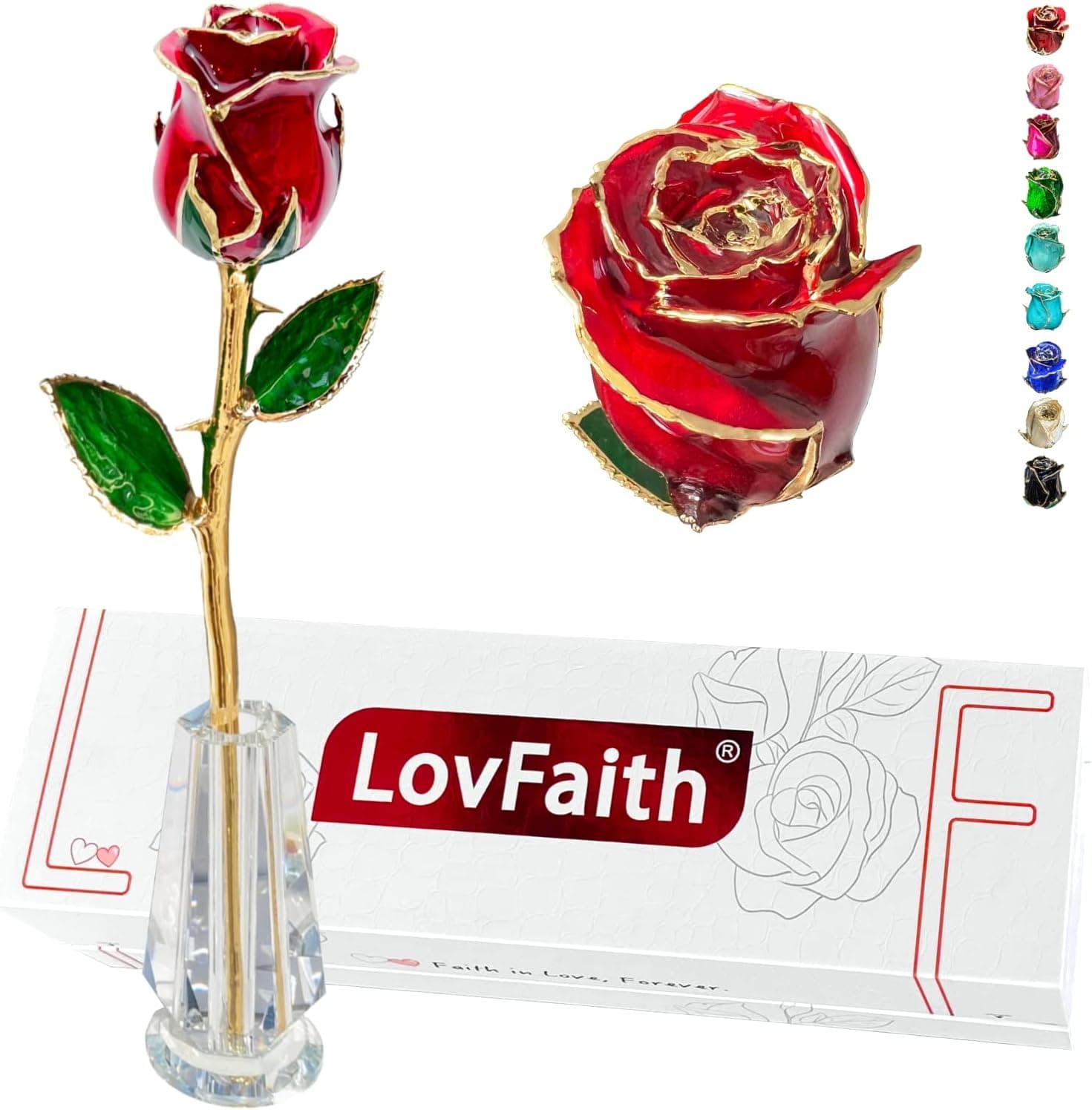 LovFaith Valentines Day Real Rose Dipped 24K Gold with Crystal Stand, Best Original Rose Gift for Her Wife Anniversary Birthday