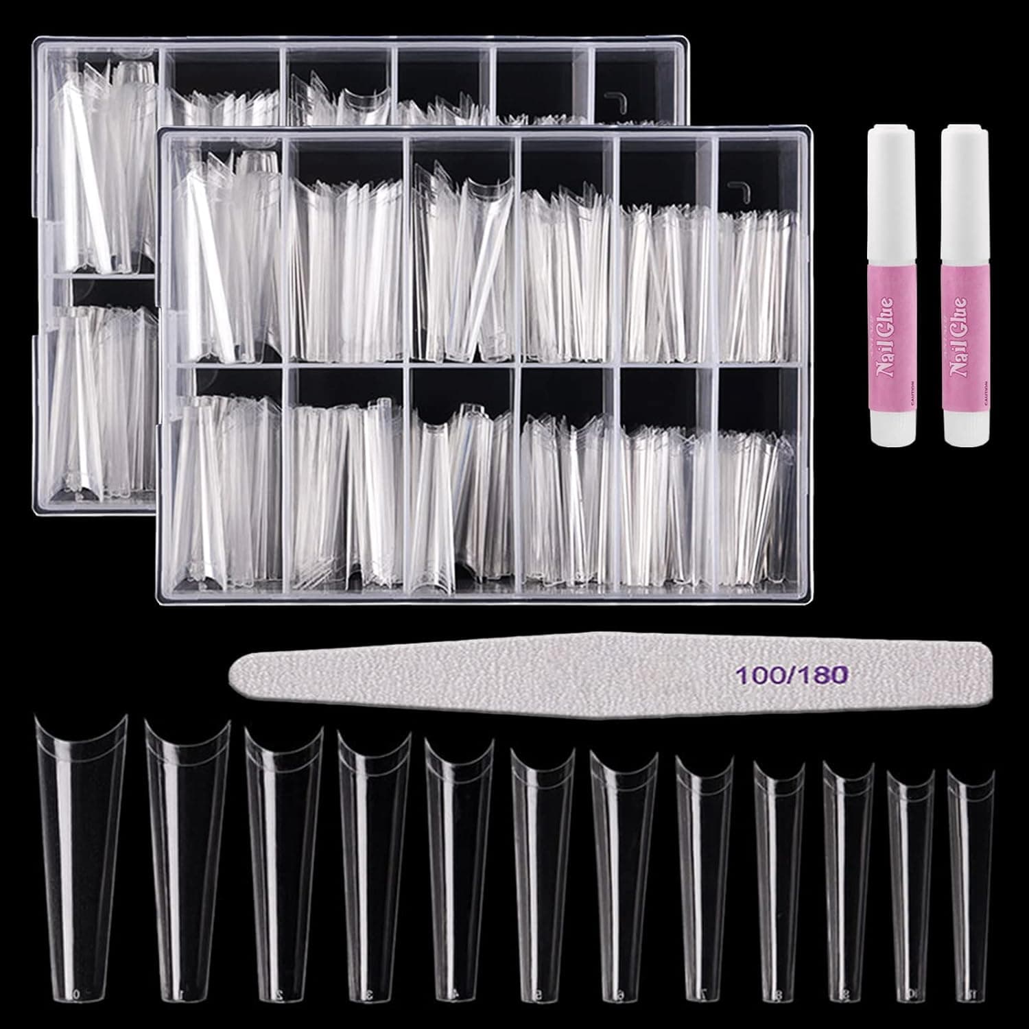 Coffin Nail Tips Acrylic Nail Tips Kit - Beoncall 480Pcs Long Coffin Fake Tips 12 Sizes Half Cover Ballerina Nail Tips Coffin False Tips with No Trace 2Pcs Nail Glues 1Pc Nail File for Nail Salons and Home DIY