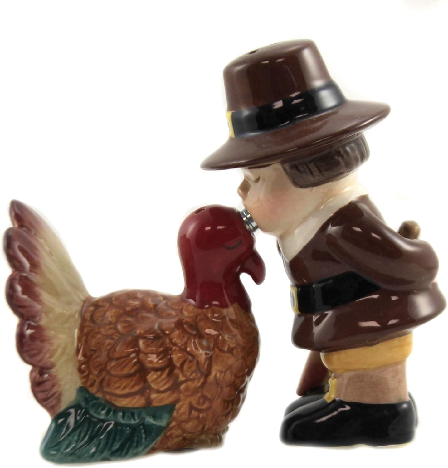 Turkey and Pilgrim Magnetic Ceramic Thanksgiving Salt and Pepper Shakers