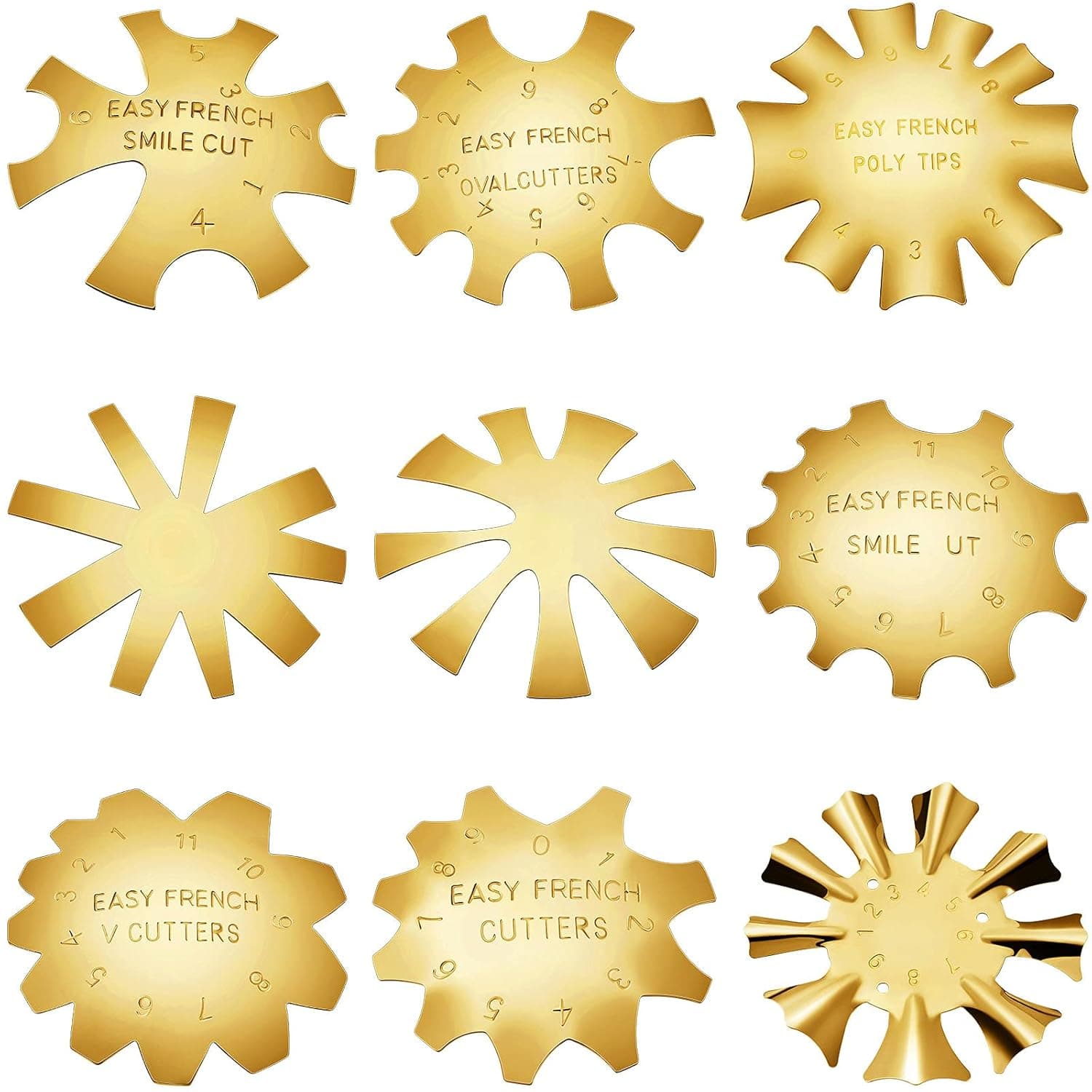 9 Pieces French Smile Line Cutter Nail French Manicure Plate Edge Trimmer Nails Tool Stainless Steel Acrylic Gel French Cutter Tool Easy Module with 9 Sizes for DIY Nail (Gold)