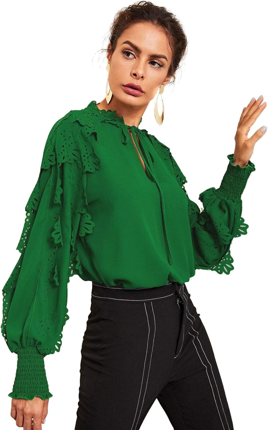 Floerns Women's Long Sleeve Tie Bow Neck Long Sleeve Ruffle Work Blouse Top A Green L