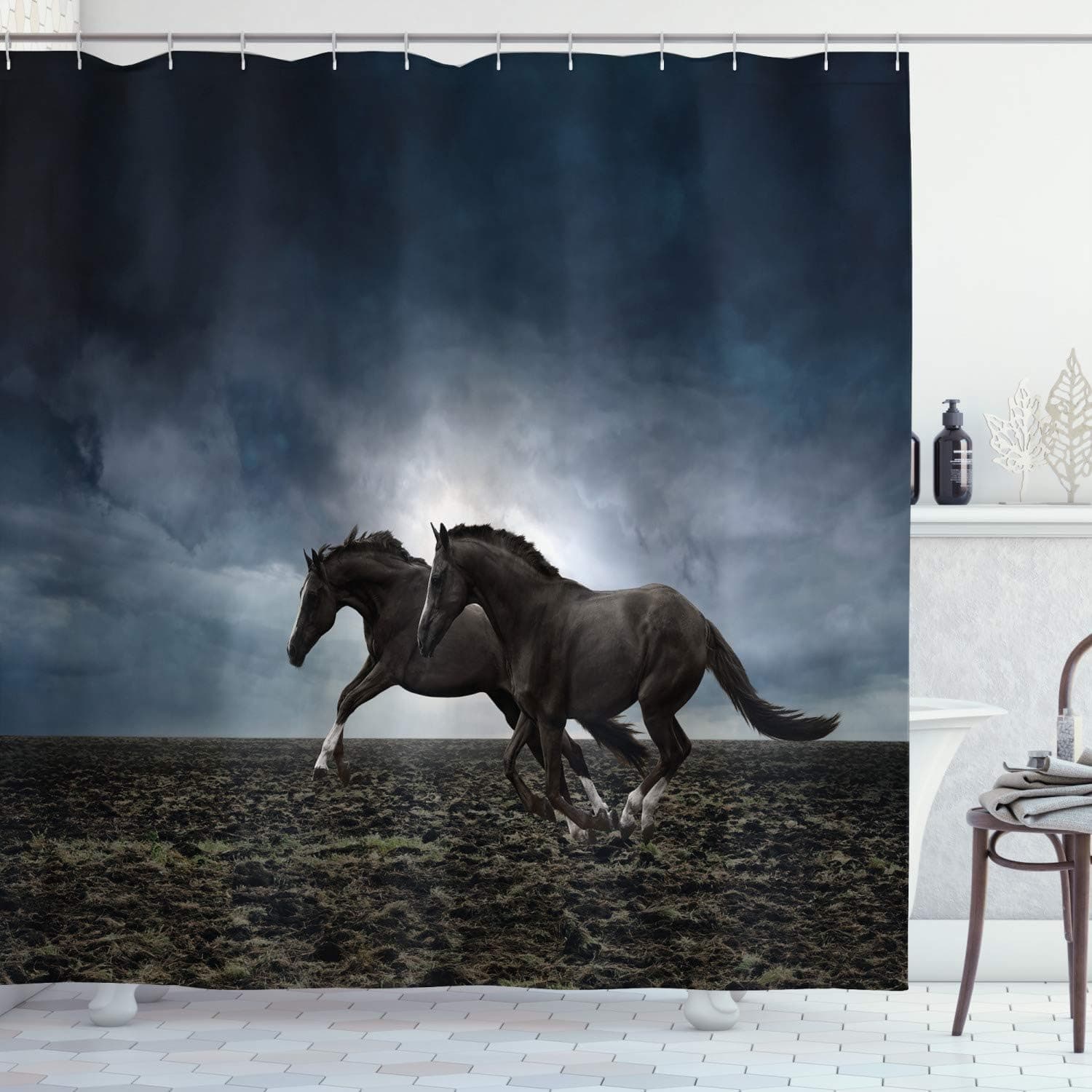 Ambesonne Horses Shower Curtain, Couple Horses Running on Plowed Field in Stormy Dark Weather Sky Concept, Cloth Fabric Bathroom Decor Set with Hooks, 69" W x 75" L, Petrol Blue