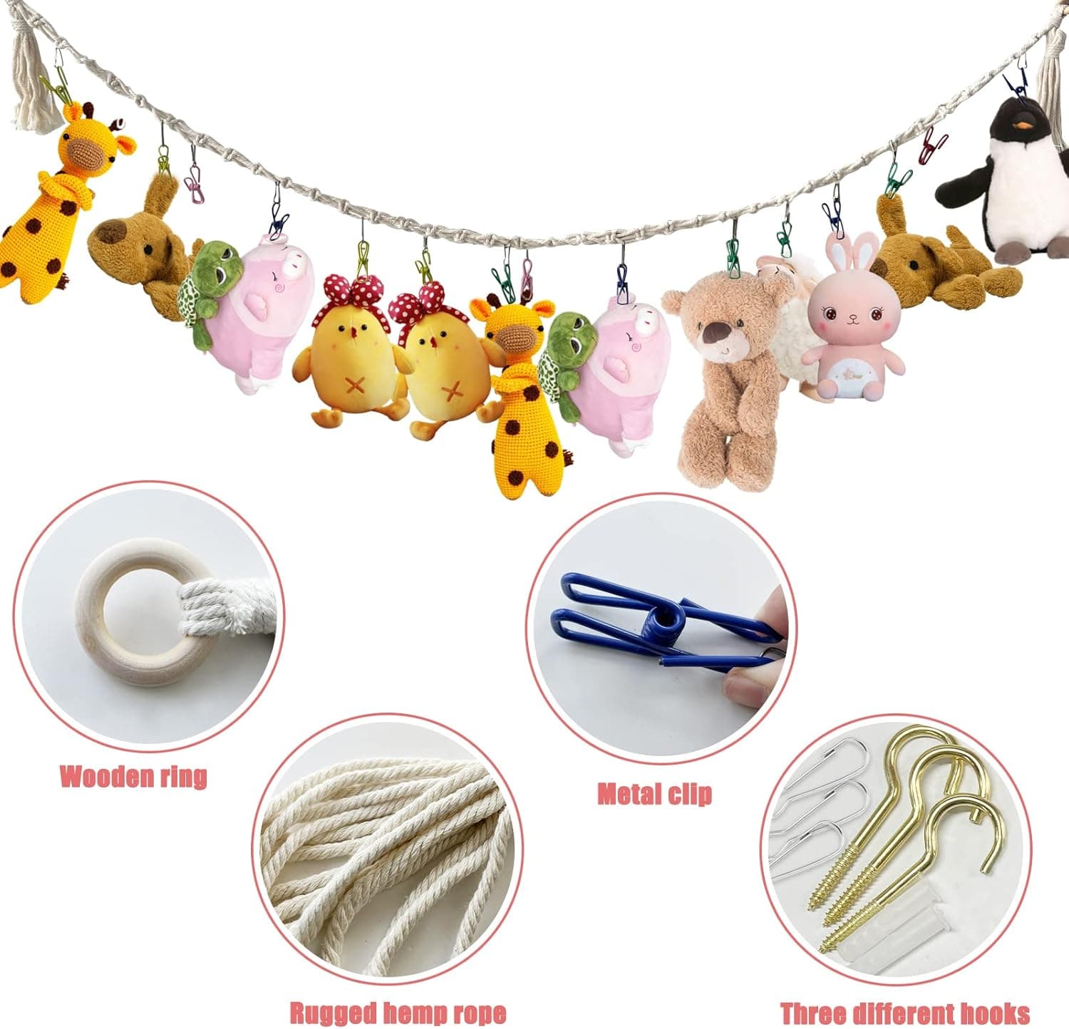 2 Pieces Stuffed Toy Chain Display Organizer,Animal Hanging Toy Storage Holder with 30 Pieces Metal Clips,4 Pieces Ceiling Hook and 4 Pieces Self-Adhesive Hook for Nursery Bedroom Hats Socks(White)