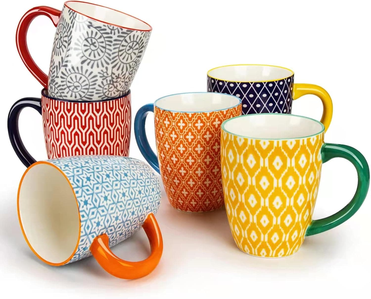 KitchenTour Ceramic Coffee Mug Set of 6 - Coloful Restaurant Mugs 16oz - Cup set for Coffee, Tea, Cappuccino, Cocoa - Bohemia style