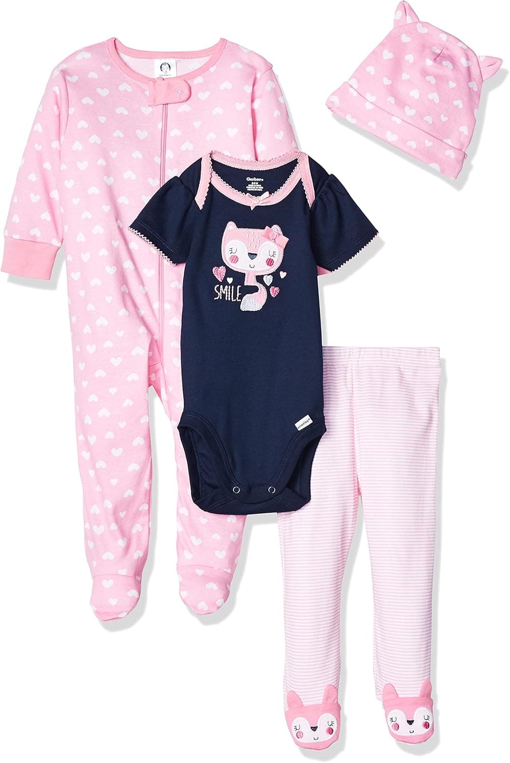 Gerber Baby Girls' 4-Piece Sleep 'N Play, Onesies, Pant and Cap
