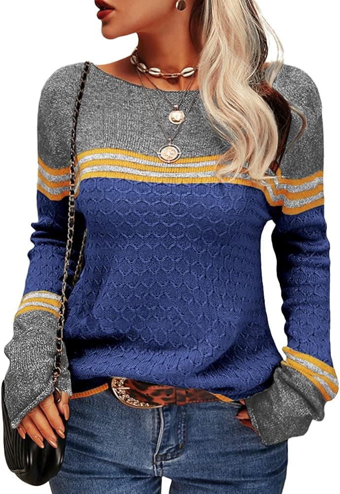 Grlasen Women Fashion Autumn Winter Colorblock Pullover Knitting Sweater Round Neck Knitwear Tops