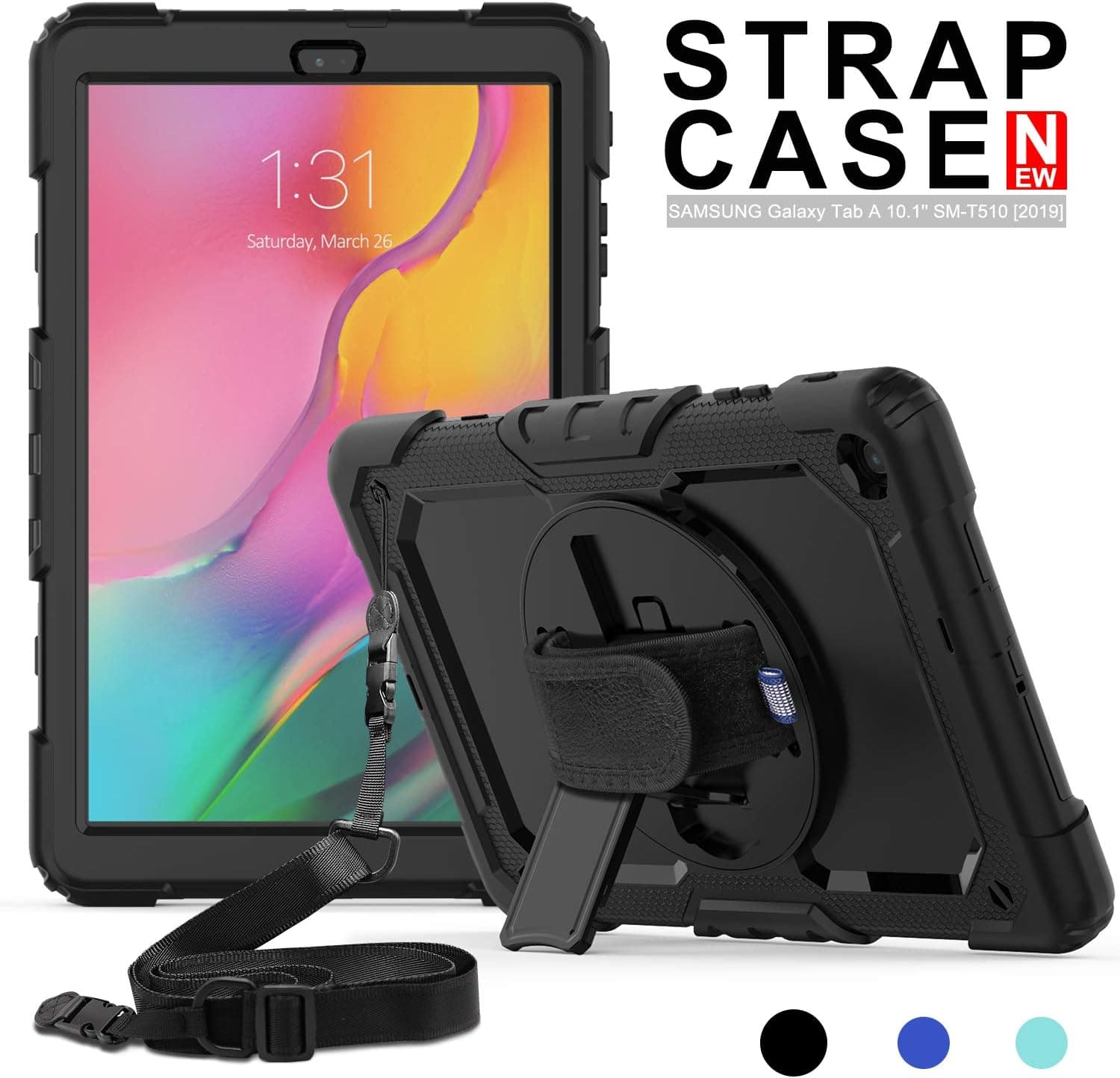Samsung Galaxy Tab A 10.1 T510/T515 Case 2019,SMAPP,[Full-Body] & [Shock Proof] Hybrid Armor Protective Case with 360 Rotating Stand & Strap for Samsung Galaxy Tab A 10.1 T510/T515 2019 (Black)
