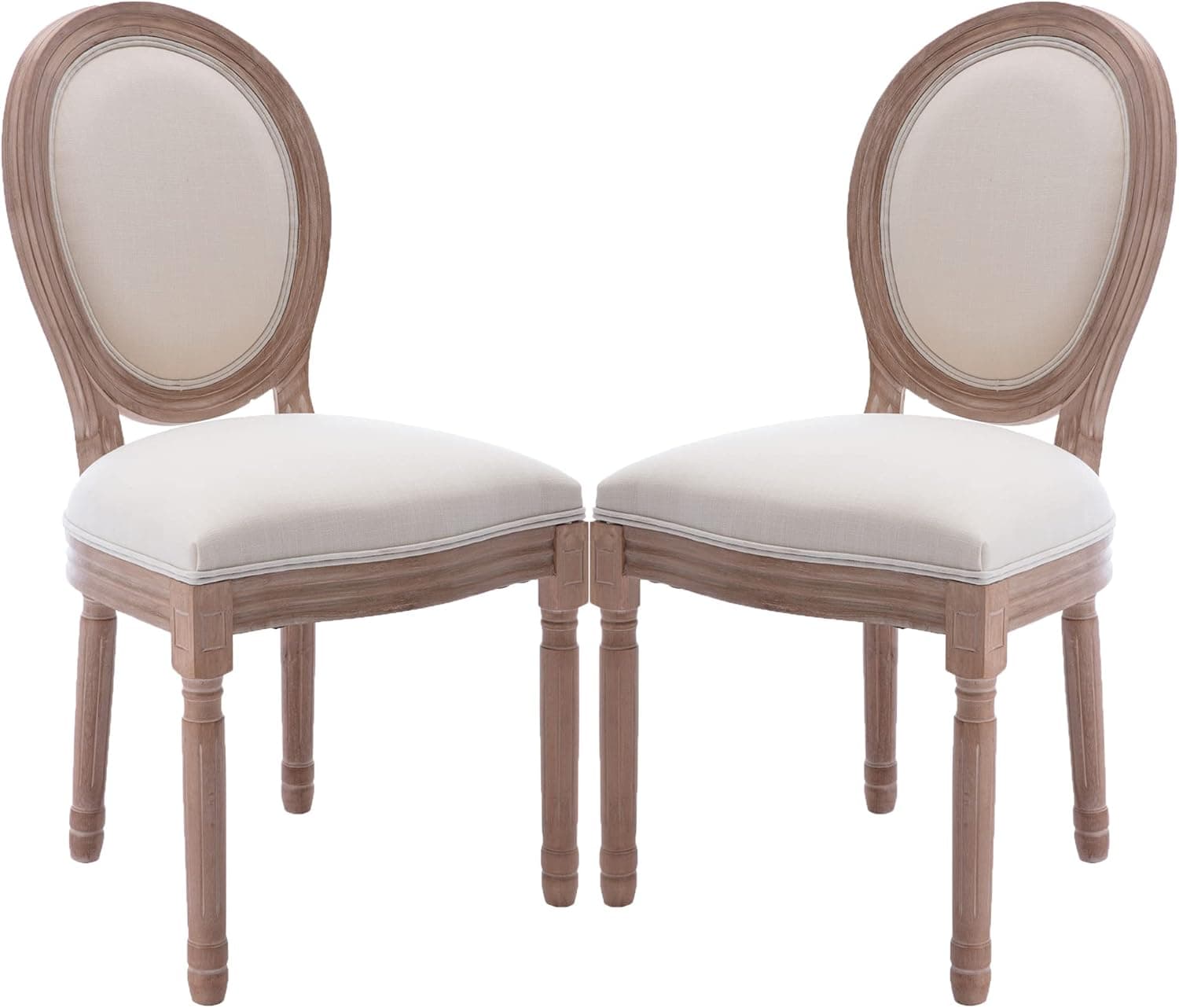 KCC French Dining Chairs Set of 2, Upholstered Vintage Farmhouse Chair with Round Backrest, Mid Century Fabric Chair with Solid rubberwood Leg for Dining Room Bedroom Kitchen Restaurant, Beige