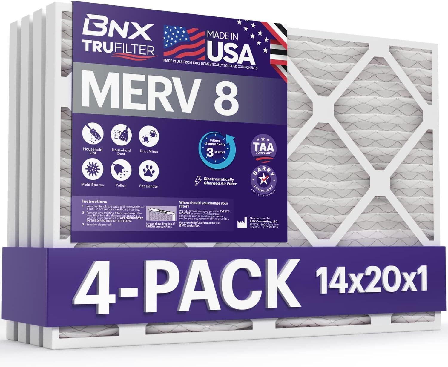 BNX 14x20x1 MERV 8 Air Filter 4 Pack - MADE IN USA - Electrostatic Pleated Air Conditioner HVAC AC Furnace Filters - Removes Dust, Mold, Pollen, Lint