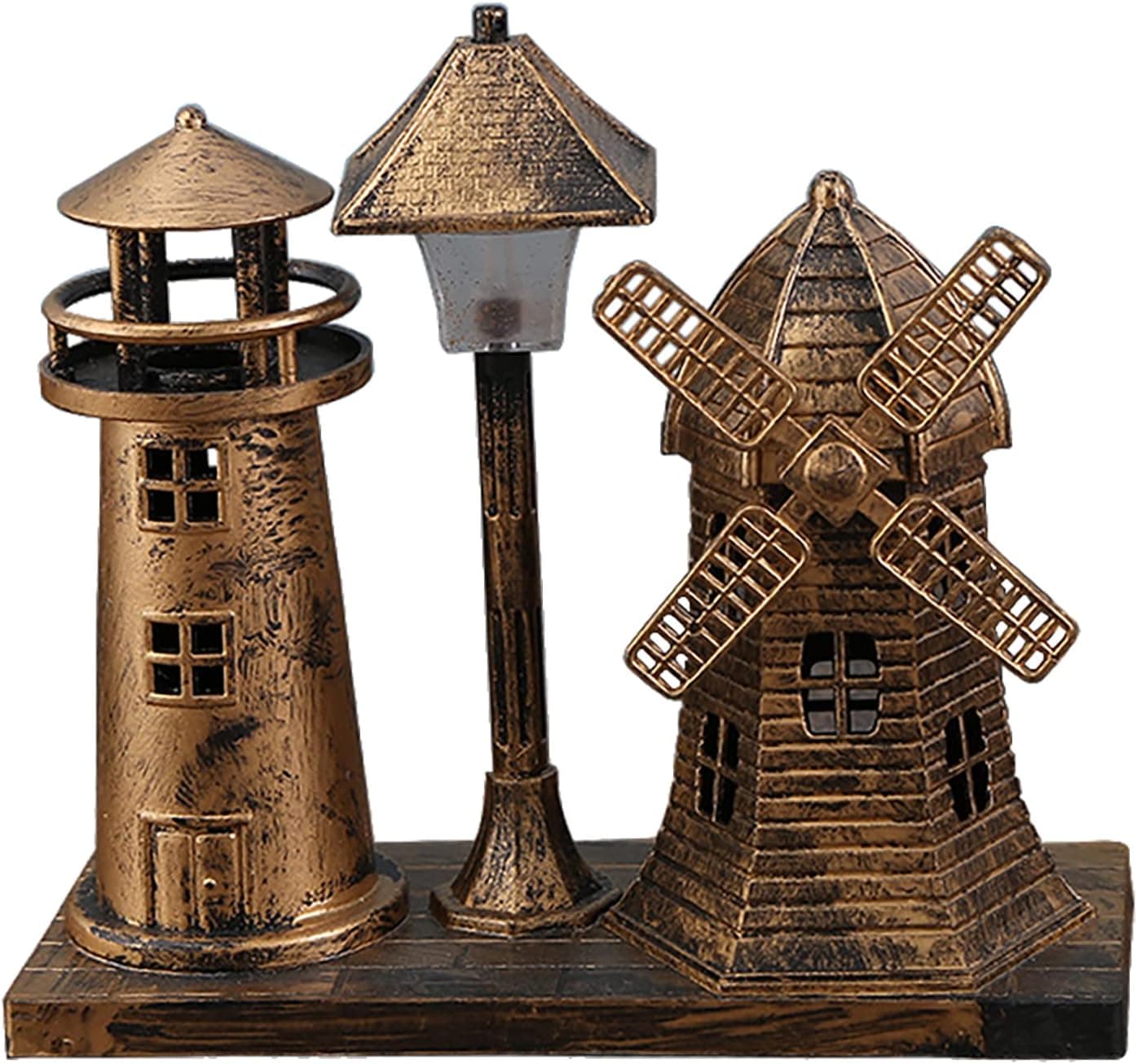LED Road Lamp & Dutch Vintage Windmill & Sea Lighthouse Home Table Decoration for Living Room Bedroom Book Shelf TV Cabinet Desk Decor Statue Figurine Centerpieces Ornaments (J - Brass)
