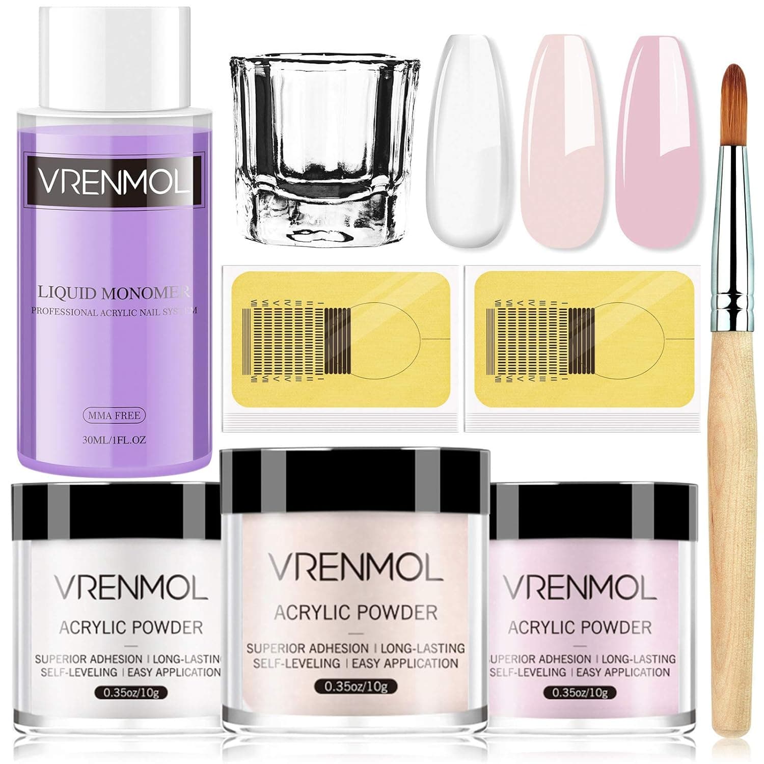 Vrenmol Acrylic Powder and Liquid Set - Acrylic Nail Kit with 3 Colors Acrylic Nail Powder, Professional Kolinsky Acrylic Nail Brush 100pcs Nail Forms for Acrylic Nails Extension Beginner Kit
