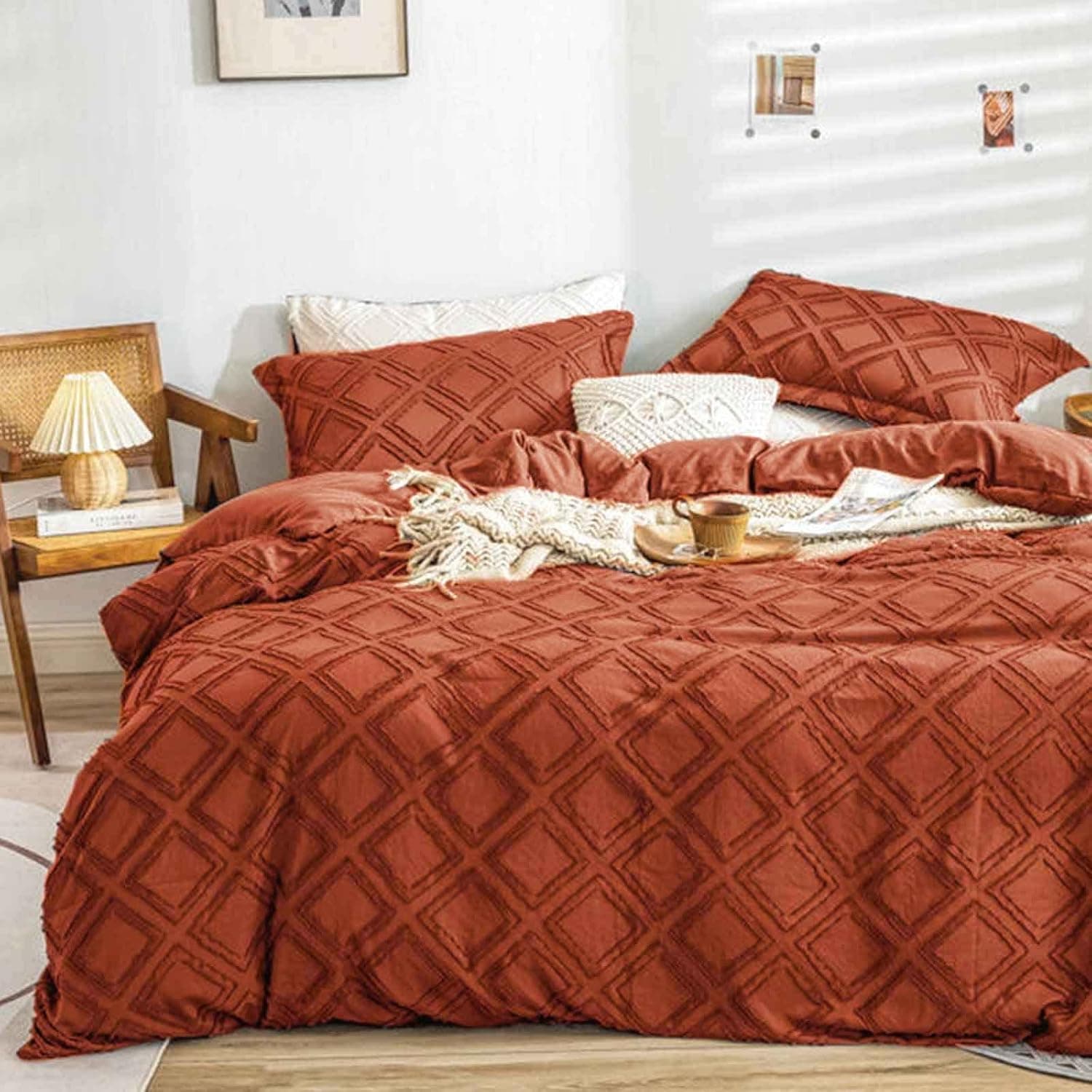 Brunt Orange Duvet Cover Full Size, 3pc Boho Tufted Diamond Pattern Microfiber Bedding Comforter Cover Set, Aesthetic Shabby Chic Soft Embroidery Textured Geometric Quilt Cover (80x90)