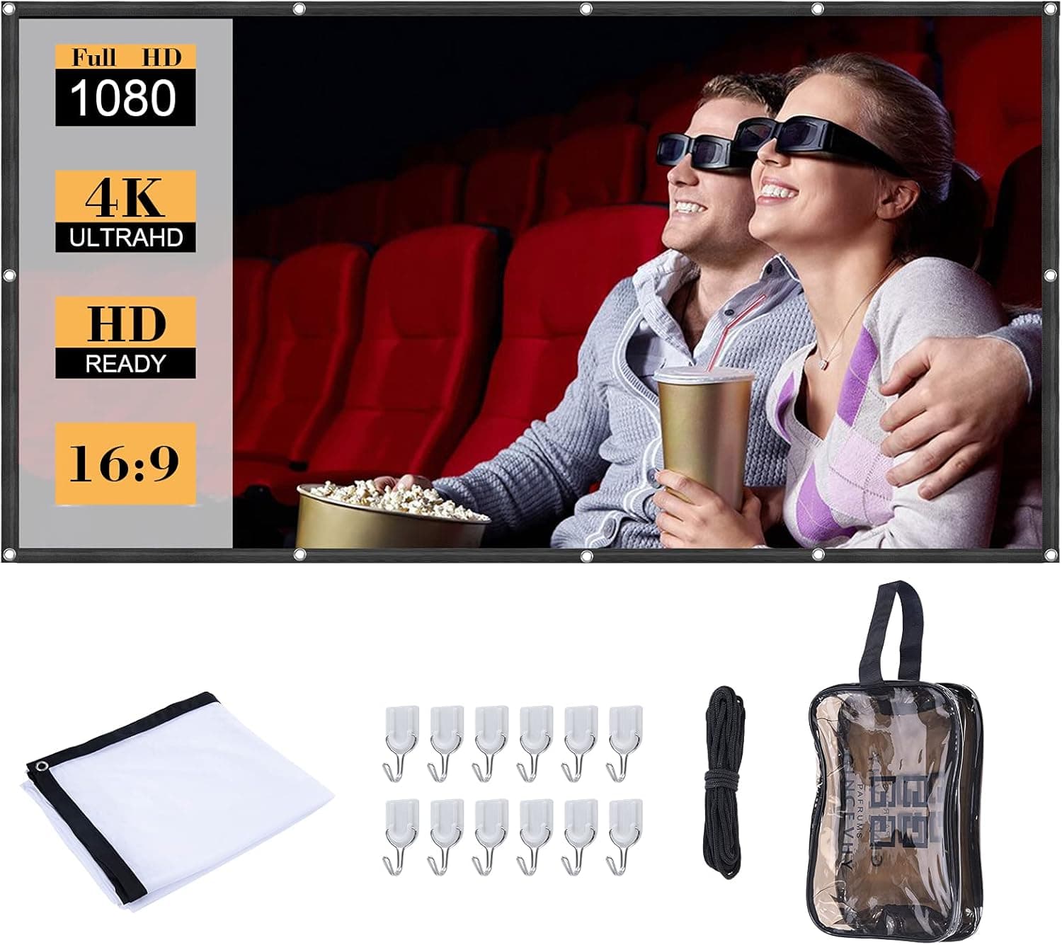150 Inch Projector Screen & Cosmetics Bag Bundle, Hangable Outdoor Movie Screen with Hooks, Ropes, Portable Indoor & Outside Video Projection Screen