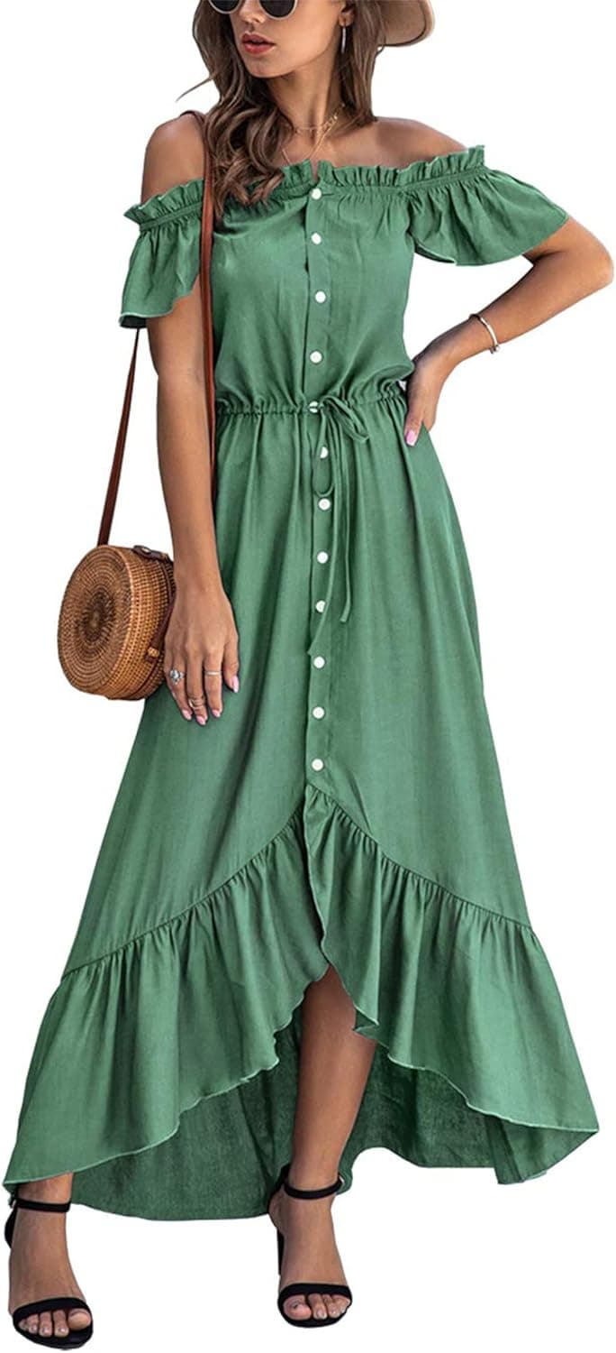 KIRUNDO 2023 Summer Women's Off Shoulder Maxi Dress Swiss Dots Short Sleeve High Waist Tiered Long Dresses with Belt