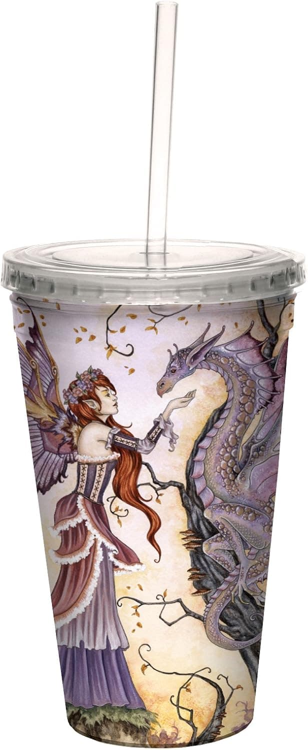 Tree-Free Greetings Fantasy The Dragon Charmer Fairy Artful Traveler Double Walled Cool Cup with Reusable Straw by Amy Brown, 16-Ounce
